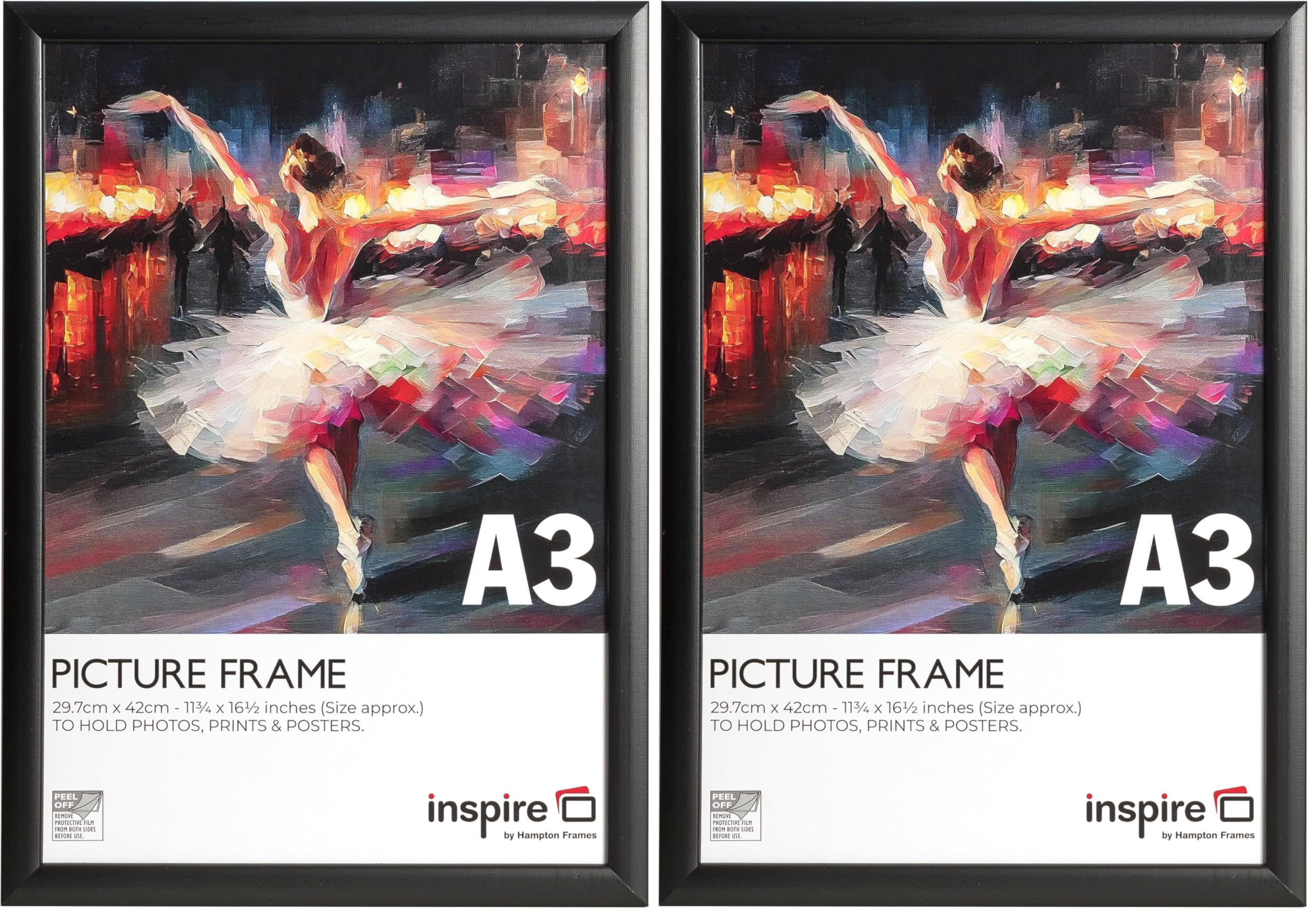 Hampton Frames BLACKWOOD Pine Poster Certificate Photo Frame Acrylic (Non Glass) Black A3 30x42cm A3 BLW3042BBLKX (Pack of 2)