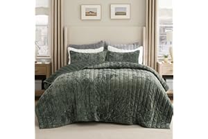 Bedsure Velvet Quilt King Size - 108"x96" Oversized King Size Comforter Set, Luxury Velvet Comforter Bedspread Coverlet, Ultra-Soft Winter Bedding Set with 2 Pillow Shams, Olive Green