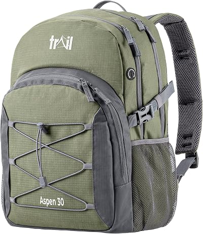 Trail Aspen 30L Day Pack Backpack Green 3 Compartments Water Resistant