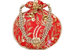 EKAVYA Potli Bag for Women Ethnic Gold, Pearl Handle Floral Accents, Drawstring Closure Pearls Handle Batwa Clutch Purse