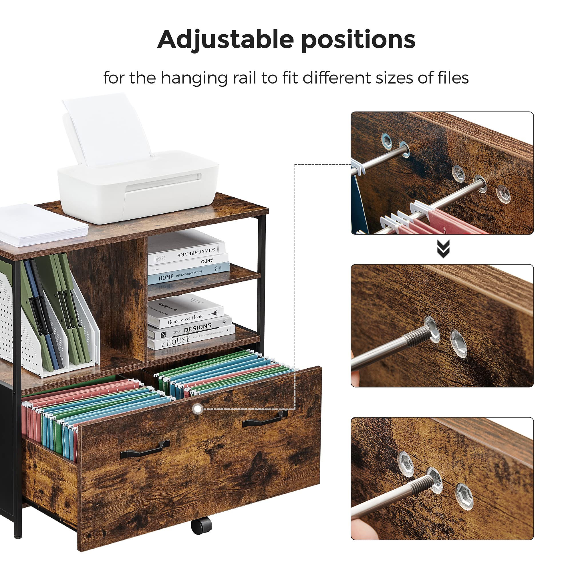 VASAGLE Lateral File Cabinet with Open Shelves and Drawer, for A4, Letter and Legal Sized Documents, Printer Stand, Rustic Brown + Black