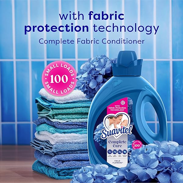 SUAVITEL COMPLETE LIQUID FABRIC SOFTENER, FABRIC CONDITIONER, HE COMPATIBLE, 100 SMALL LOADS, FIELD FLOWERS SCENT, 100 FL OZ BOTTLE
