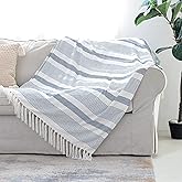 Decorative Blue White Striped Throw with Fringe, Soft Chenille Knitted Farmhouse Lightweight Blanket with Tassels for Couch Sofa Chair Bed Office Home Décor, Blue and Ivory, 60" x 80"