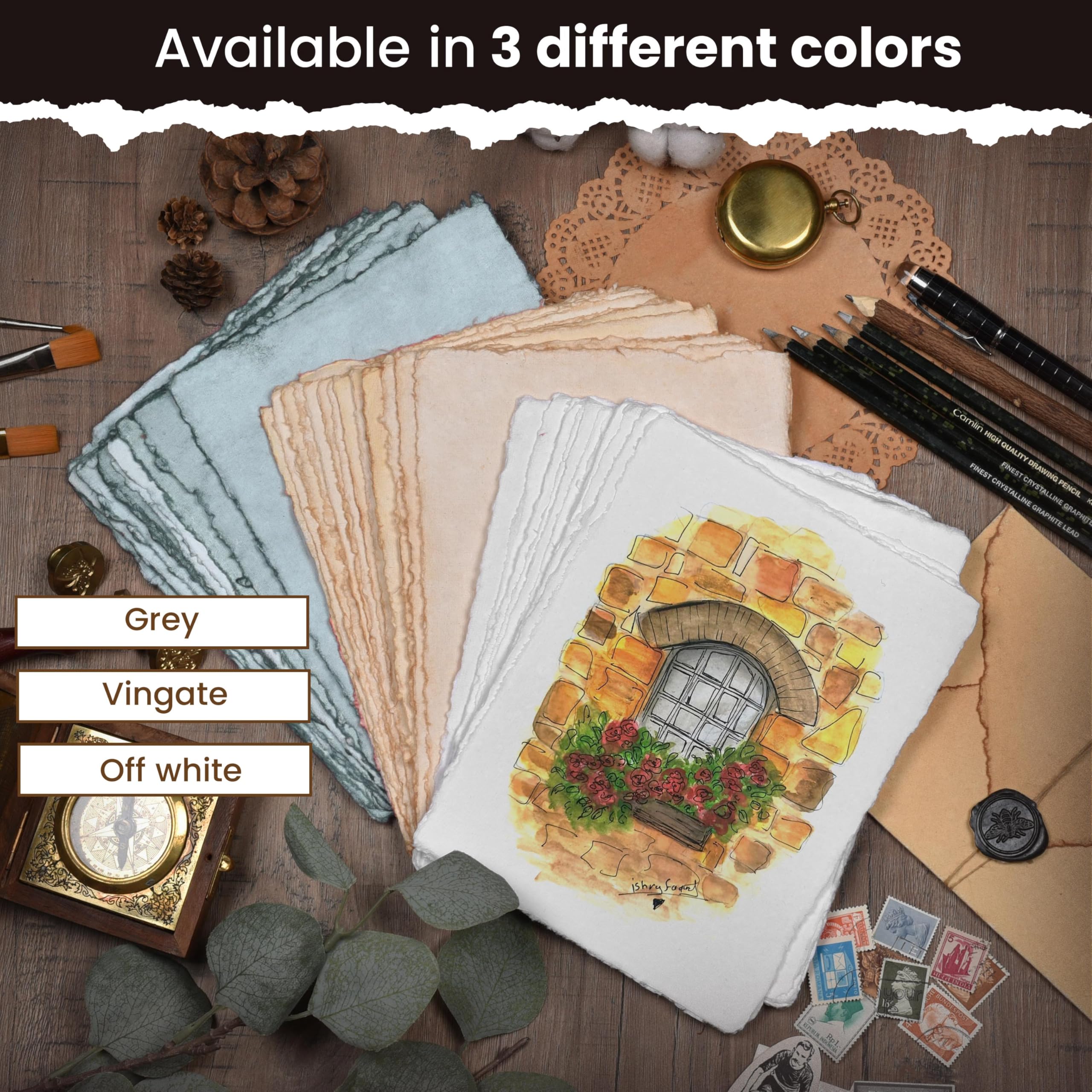 LEATHER VILLAGE Watercolor Paper - 6 X 4 inches, 50 Sheets - Mixed Media Watercolor Paper - 150 GSM Thick Deckle Edge Virgin Cotton Handmade Paper - Vintage Toned