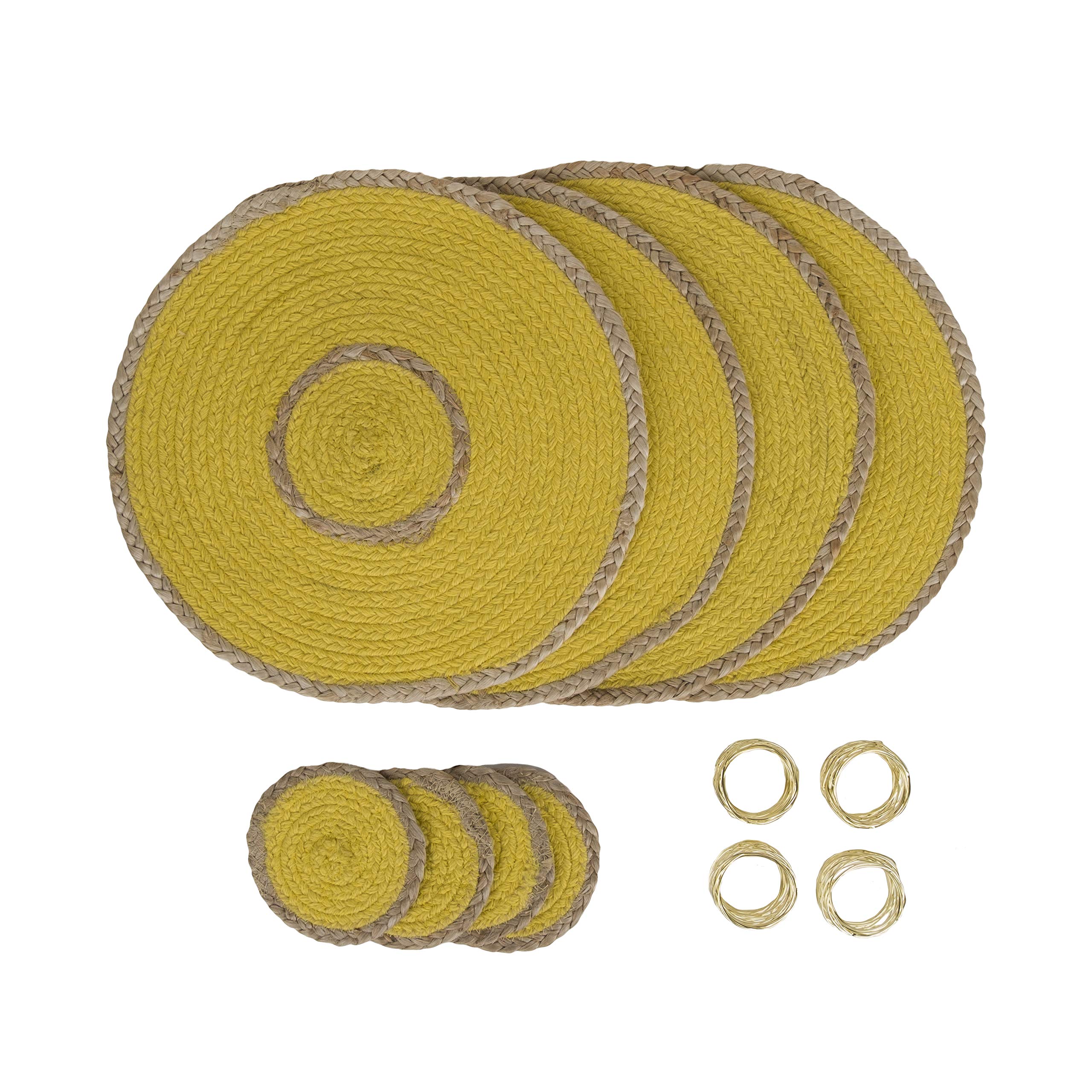 Penguin Home 12-Piece Yellow Jute Dining Set – Handcrafted Placemats, Coasters & Napkin Rings – Perfect for Christmas, Thanksgiving, New Year Celebrations – 32 cm (13”)
