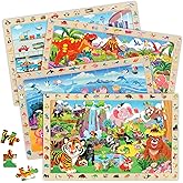 Kawyehu Wooden Puzzles for Kids Ages 4-6, 4 x 60 Piece Search and Find Puzzles for Kids Ages 3-5 Boys Girls, Educational Toys Gifts for 3-8 Year Old, 4 in 1 Box, Jungle Dinosaur Ocean City