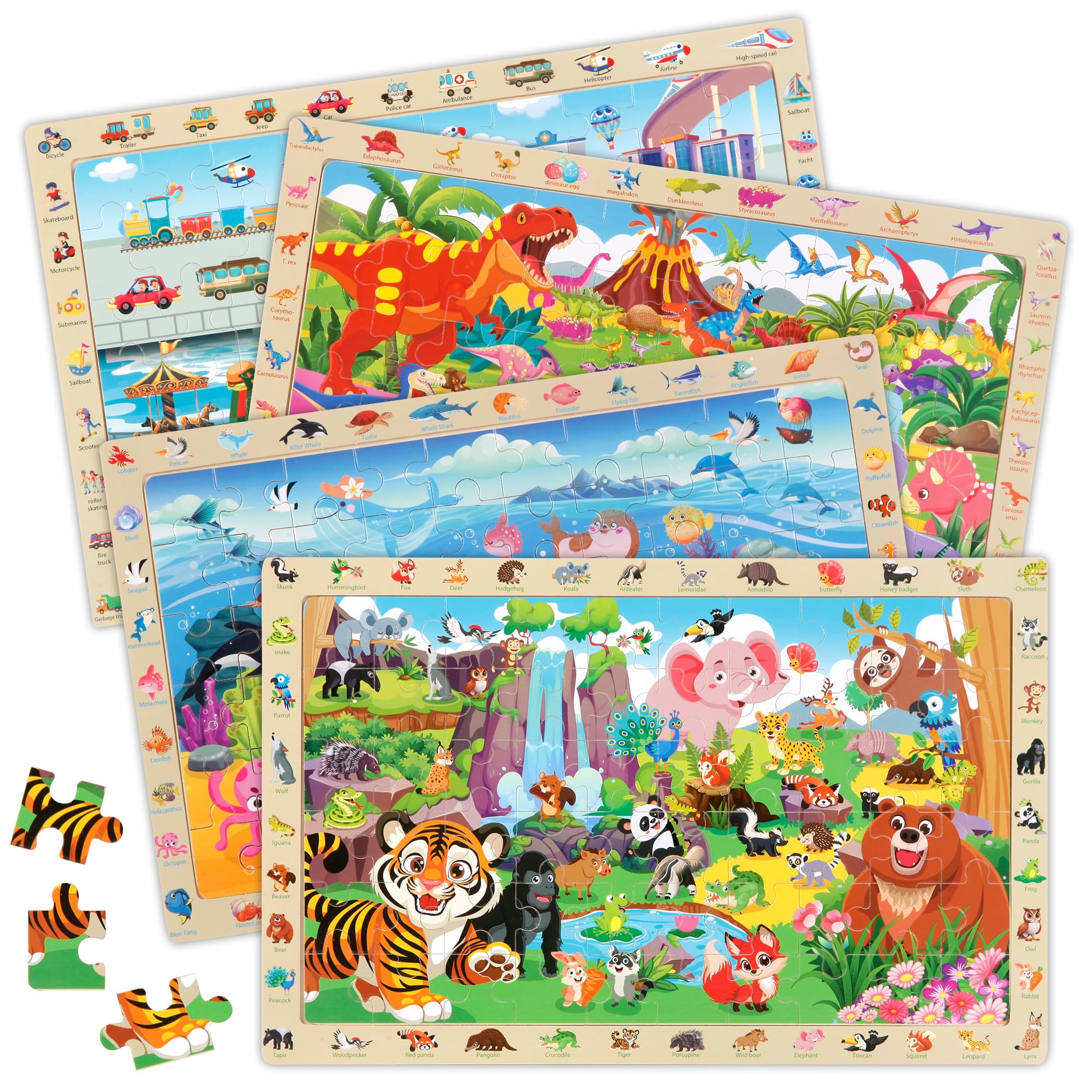 Kawyehu Wooden Puzzles for Kids Ages 4-6, 4 x 60 Piece Search and Find Puzzles for Kids Ages 3-5 Boys Girls, Educational Toys Gifts for 3-8 Year Old, 4 in 1 Box, Jungle Dinosaur Ocean City
