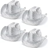 Breathffy 4 Pcs Silver Cowboy Hat Felt Western Glitter Cowgirl Hat with Wide Brim Classic Disco Cowboy Cap for Women Men Disco Halloween Costume Party