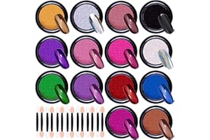 Duufin 14 Jars Chrome Nail Powder Metallic Nail Art Powder Mirror Effect Manicure Chrome Powder 14 Colors Nail Powders with 14 Pcs Eyeshadow Sticks, 1g/Jar