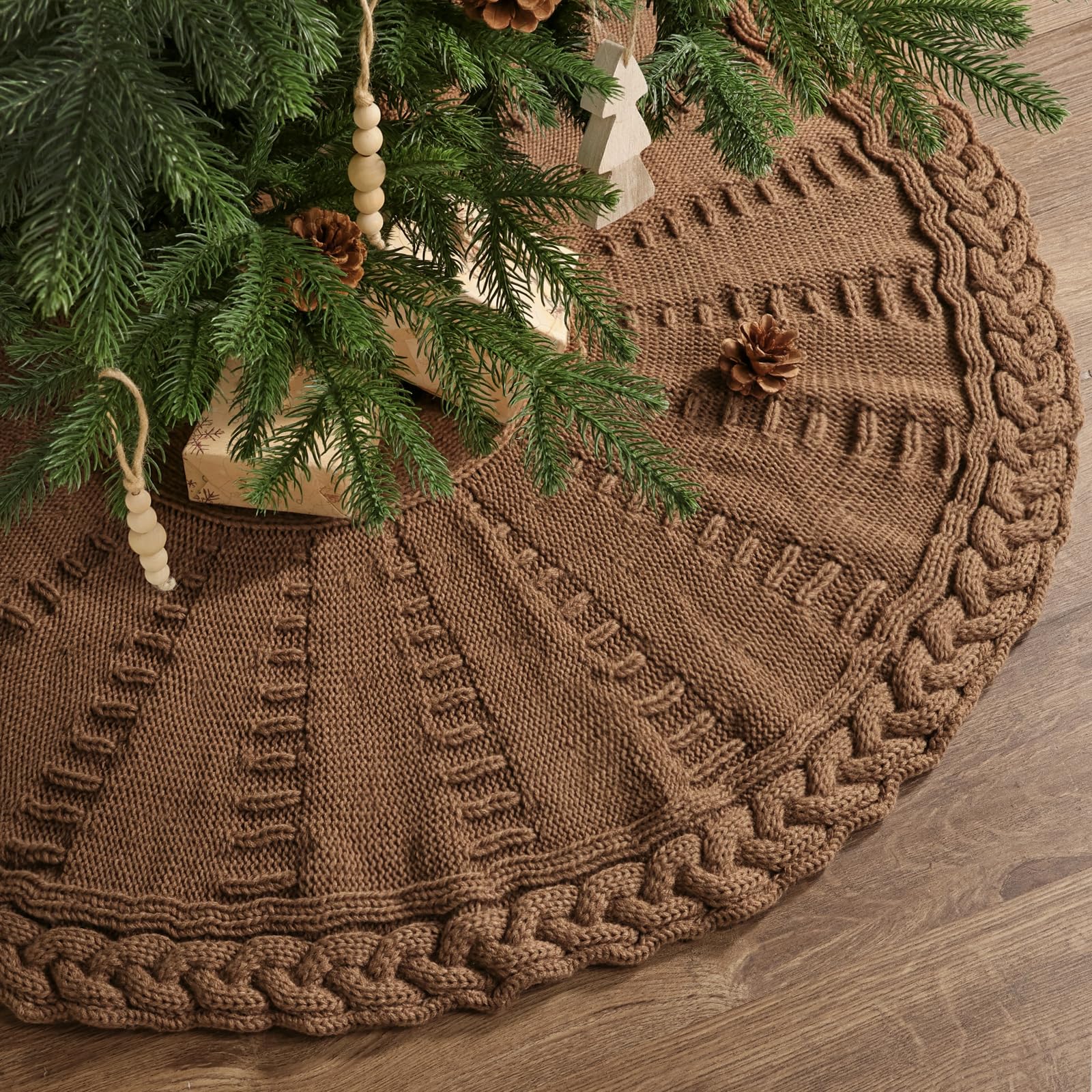 Photo 1 of 36 inch Christmas Tree Skirt: Pencil Tree Skirt for 6ft Tree, Braided Cable Knit Small Western Brown Tree Skirt, Vintage Tree Skirts, Rustic Farmhouse Christmas Decorations
