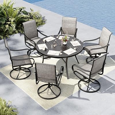 MFSTUDIO Outdoor Dining Set for 6, Round Patio Table and Chairs Set with Umbrella Hole, 7 Piece Outdoor Patio Furniture Set for Deck, Backyard, Poolside & Garden