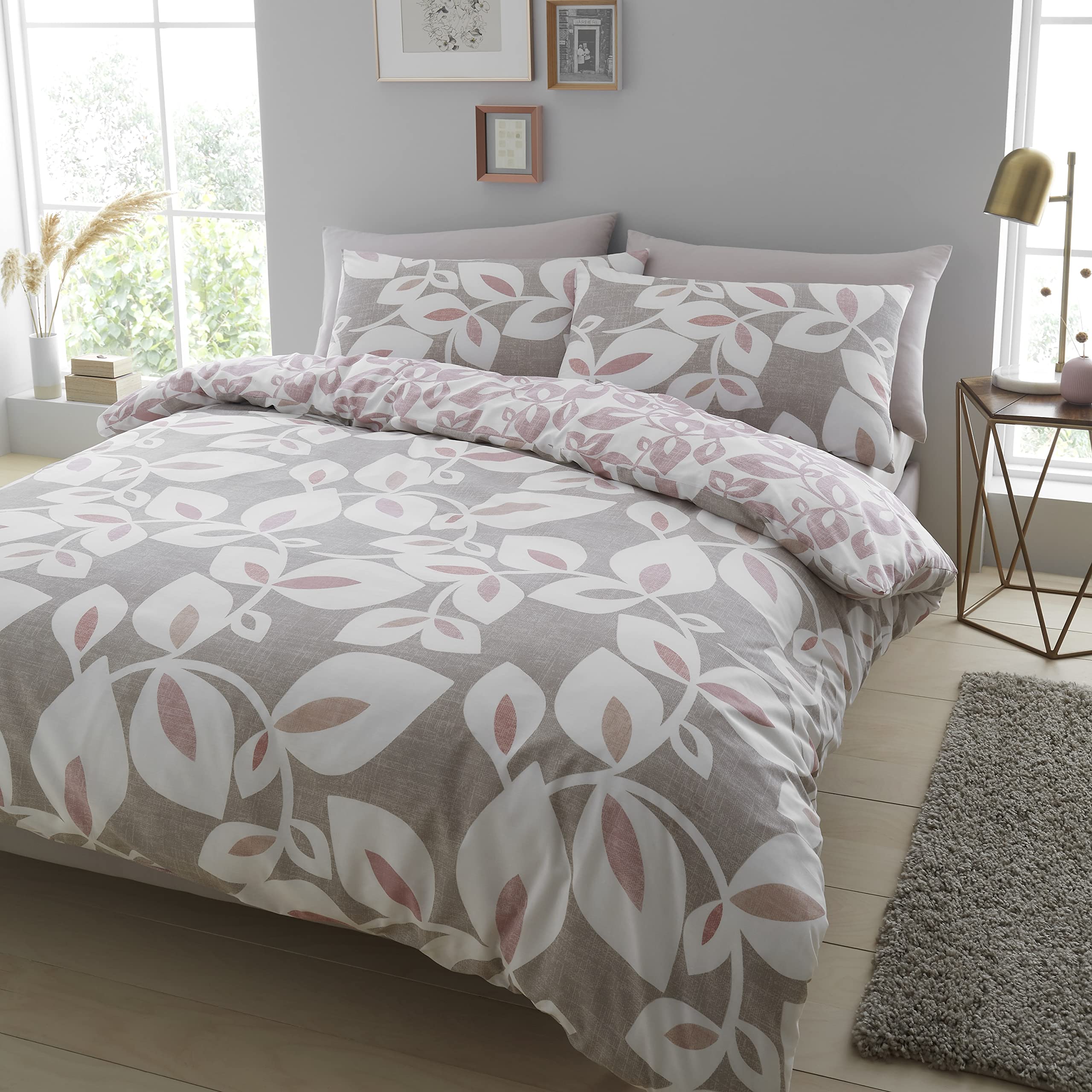 Catherine Lansfield INGA LEAF BLUSH Duvet Cover Set 160 x 200 + 50 x 80 cm