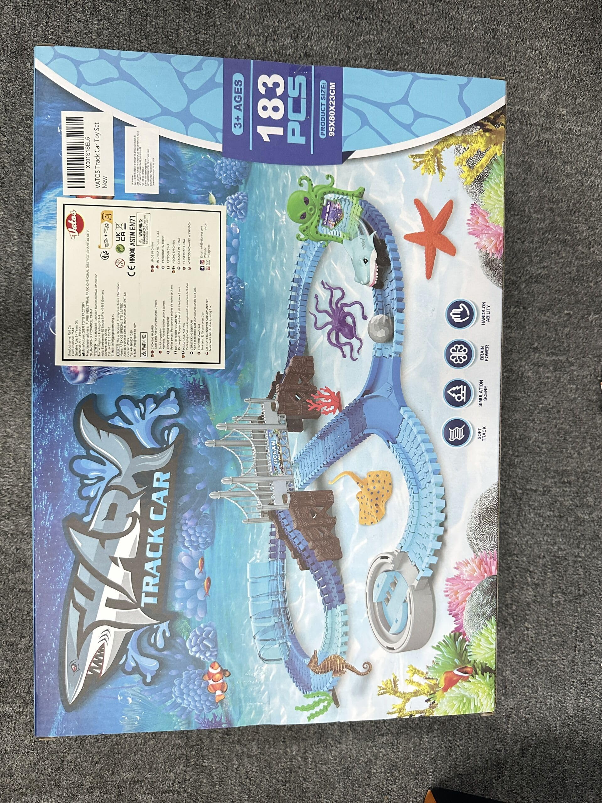 VATOS Track Toys 183 Pcs Shark Race Car Toys for Boys Girls 3 4 5 6 7 9 Year, Bendable Flexible Racetrack Cars with Shark & Ball, Ocean Theme Train Toys, STEM Educational Playset Birthday Gift