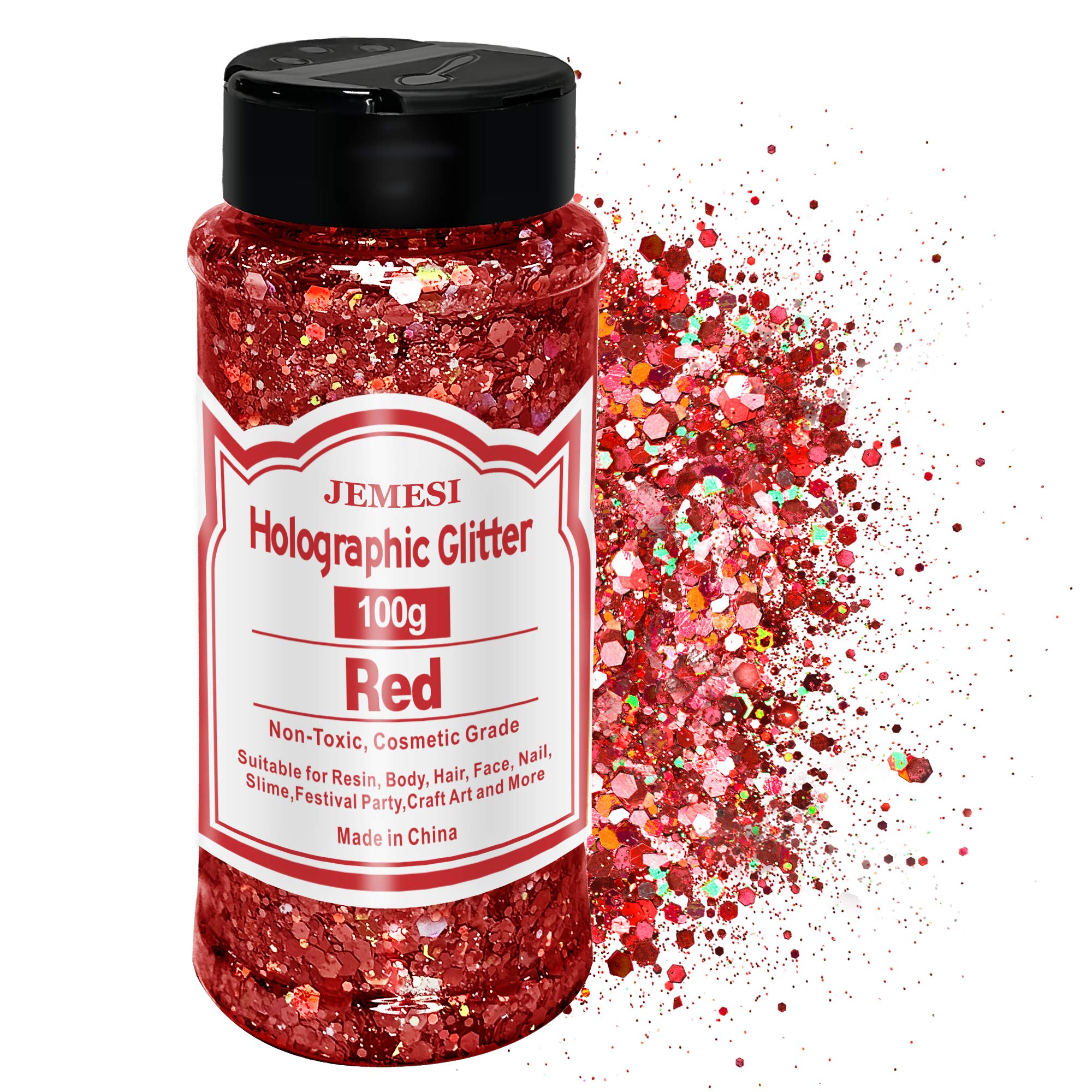 Holographic Chunky Glitter, JEMESI 100g Craft Glitter, Face Glitter, Cosmetic Grade Sequins Glitter for Body, Eyes, Epoxy Resin, Festival Party Art and More - Red