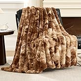 Cozy Bliss Deluxe Striped Rabbit Faux Fur Throw Blanket, Soft Fluffy Warm Plush Blanket for Winter, Modern Homr Decor, Tie-dye Brown 50"x60"