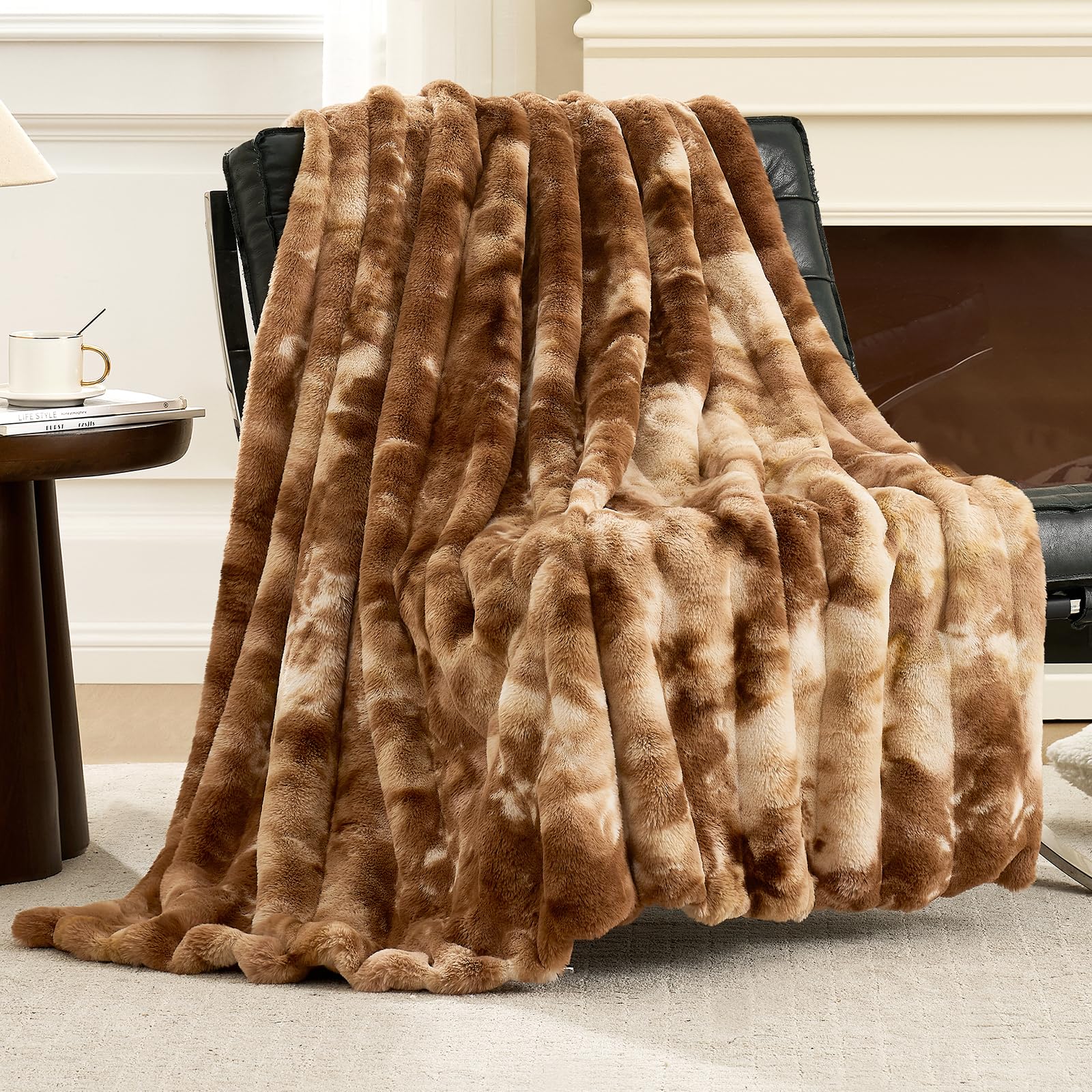 Cozy Bliss Faux Fur Throw Blanket for Couch, Fuzzy Soft Plush Thick Striped Blanket for Sofa Bedroom Living Room, 50 * 60 Inches Tie-dye Brown Image