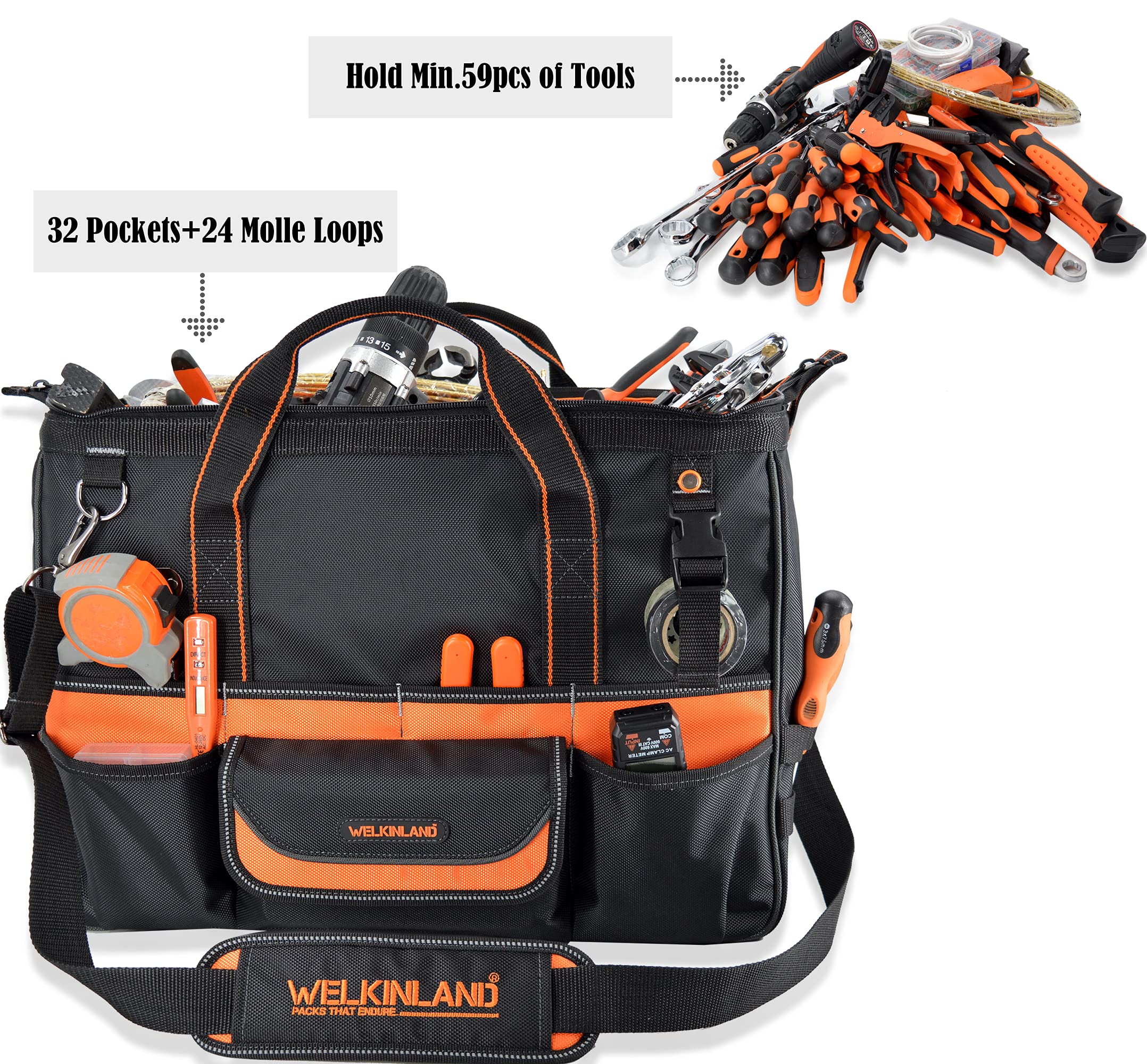 WELKINLAND 20-Inch Electrician tool bag, Heavy-duty tool bags for electricians, Tool bag organizer, HVAC tool bag, Maintenance tools bag, Tool bags for men, Tool tote bag, Tool bags for construction