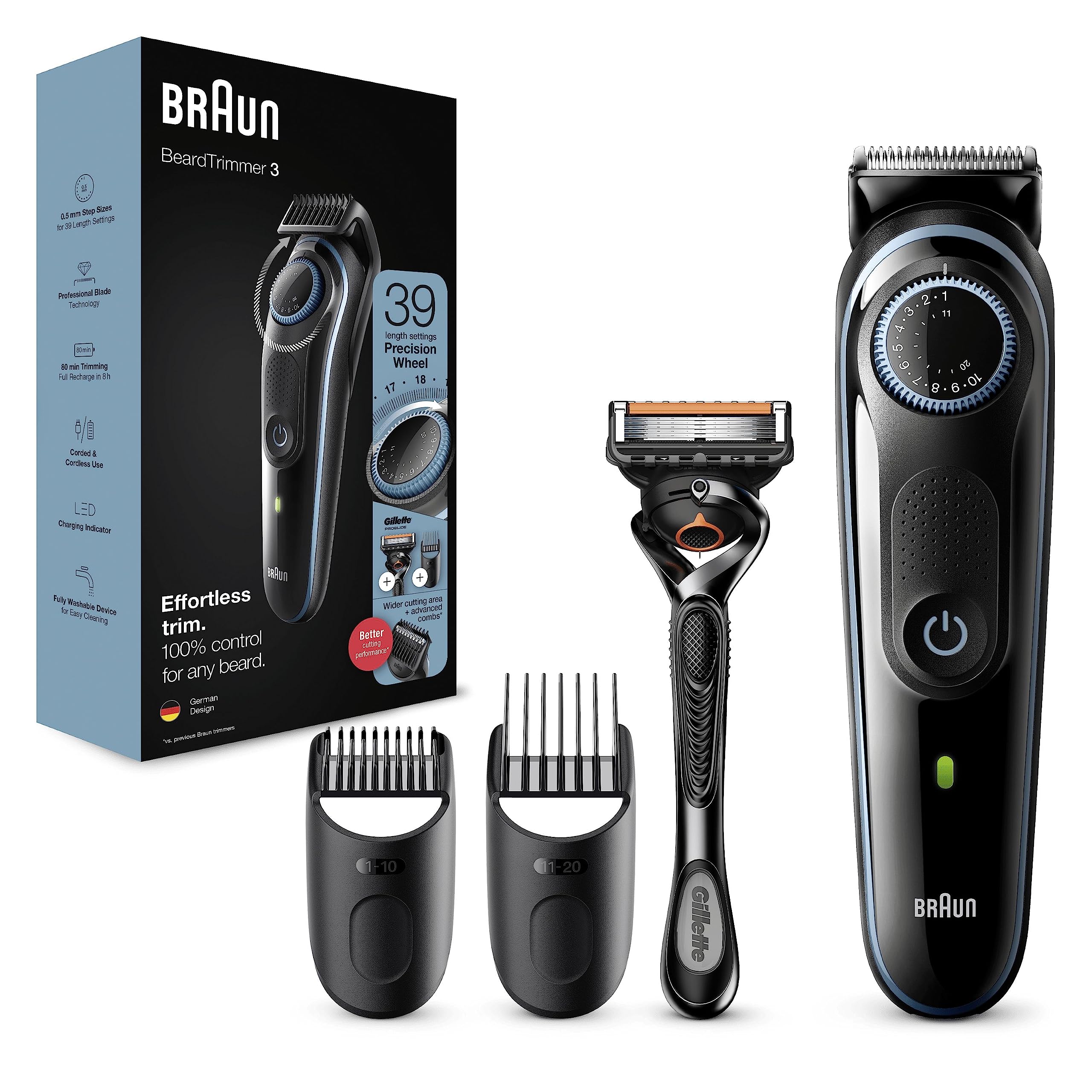 Braun Men's Beard Trimmer Series 3 & Hair Clippers with Gillette Fusion5 ProGlide Razor, 39 Length Settings, UK 2 Pin Plug, BT3240, Black/Blue