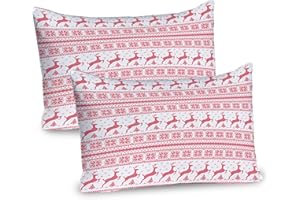 Ambesonne Nordic Pillow Sham Set of 2, Winter Christmas Ornamental Illustration with Snowflakes Reindeers Animal Pattern, Quality Microfiber Bedding Item for All Seasons, 26" x 20", Red