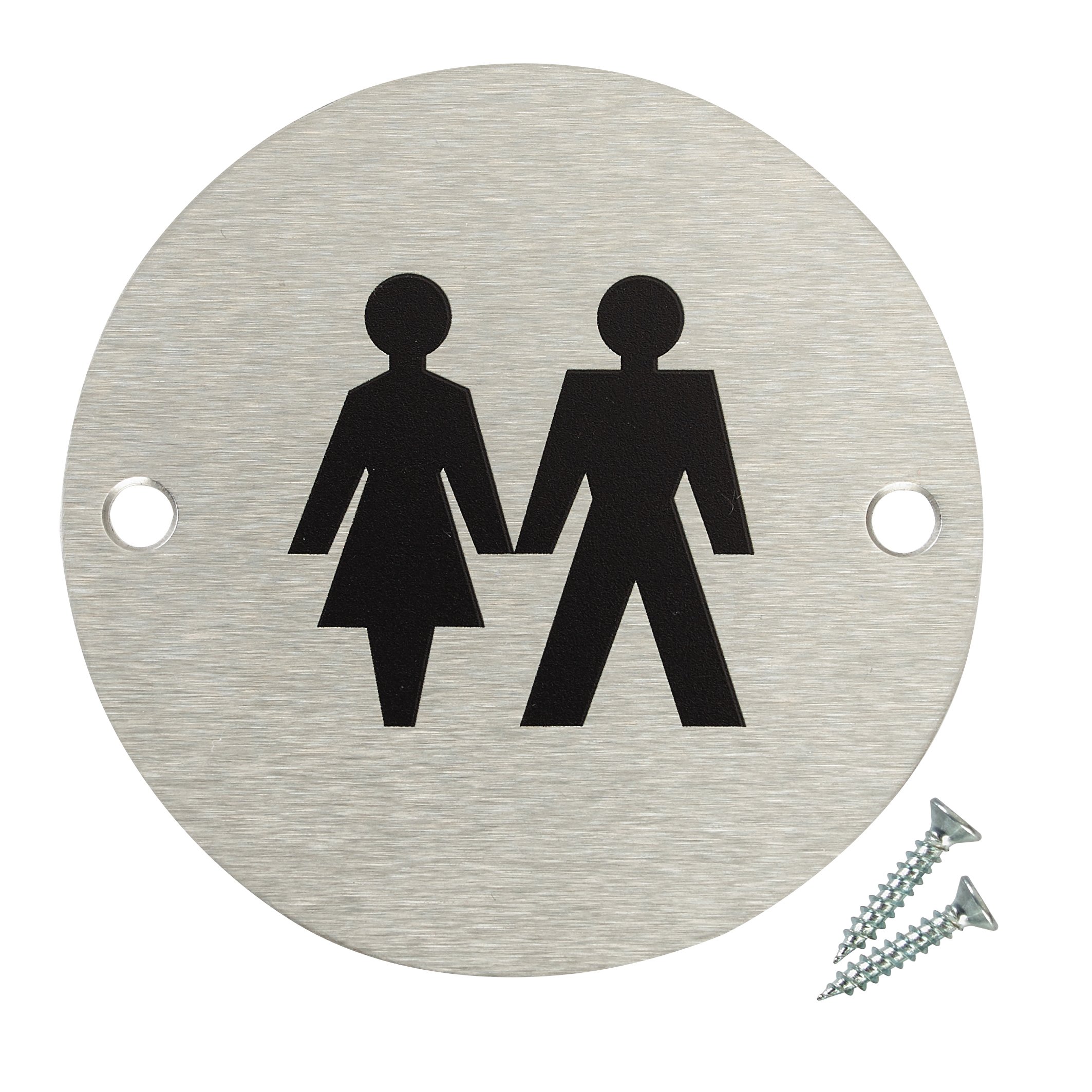 Fire Door Guru® Unisex Toilet Door Sign - 76mm Disc - Stainless Steel Safety Sign - Fixings Included