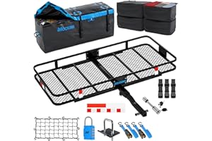Mockins 60"x20"x6" Folding Trailer Hitch Cargo Carrier w/ 16 CuFt Waterproof Cargo Bag for Hitch Carrier & 4 Packing Cubes | 500 Lbs Cap Car Trailer Rack & Waterproof Truck Bed Storage w/Accessories