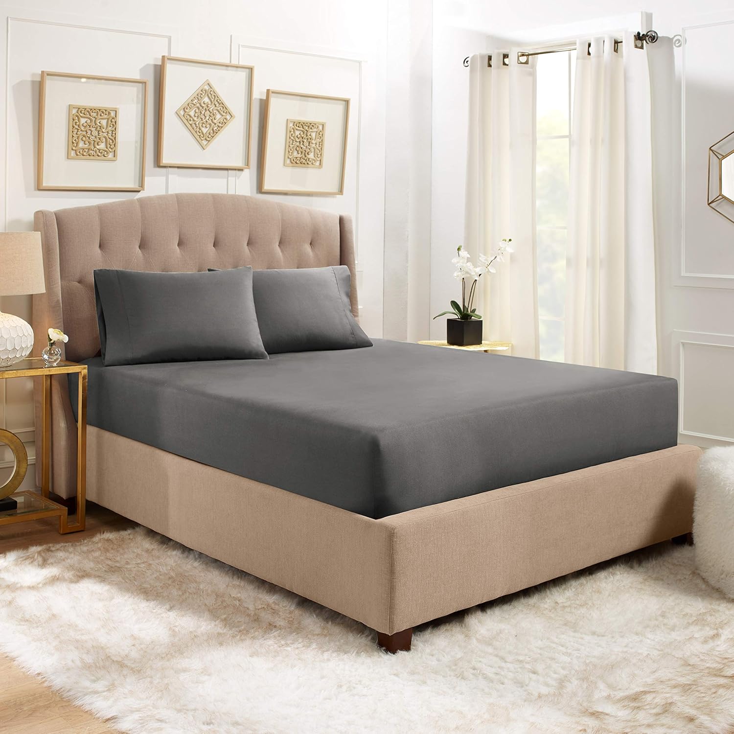 Empyrean Bedding 3 Set Extra Deep Pocket Fitted Sheet with Corner Straps– Hotel Luxury Soft Double Brushed Microfiber Sheet - 110 GSM – Hypoallergenic Wrinkle Free Sheet, Charcoal Gray - Twin