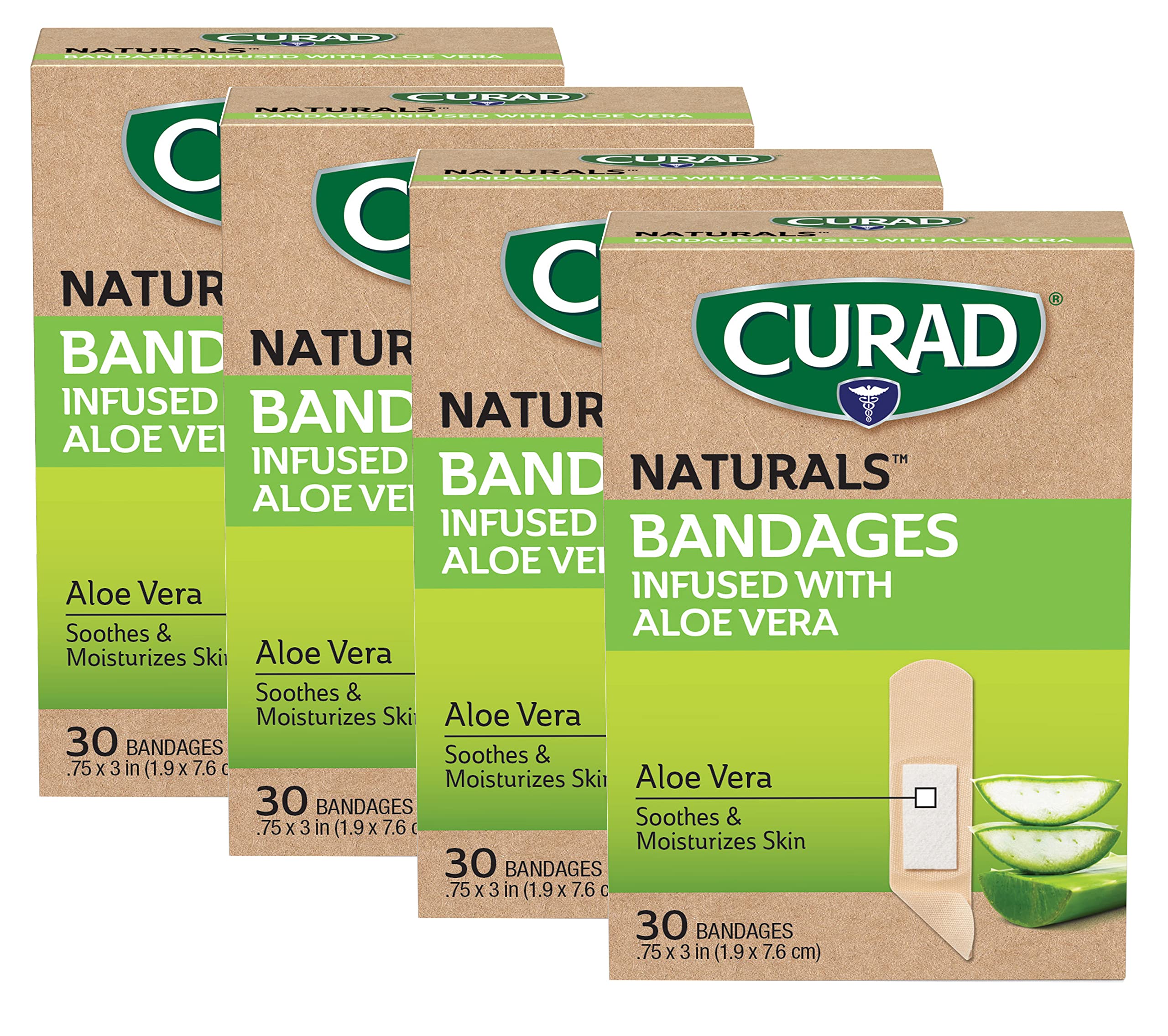 CURAD Naturals Aloe Vera & Vitamin E Bandages 0.75″ x 3″, Individually Wrapped Sterile Bandage, First Aid Kit Essential, Protects Scrapes and Cuts, Absorbent and Self-Adhesive, 30-Count – 4 Boxes