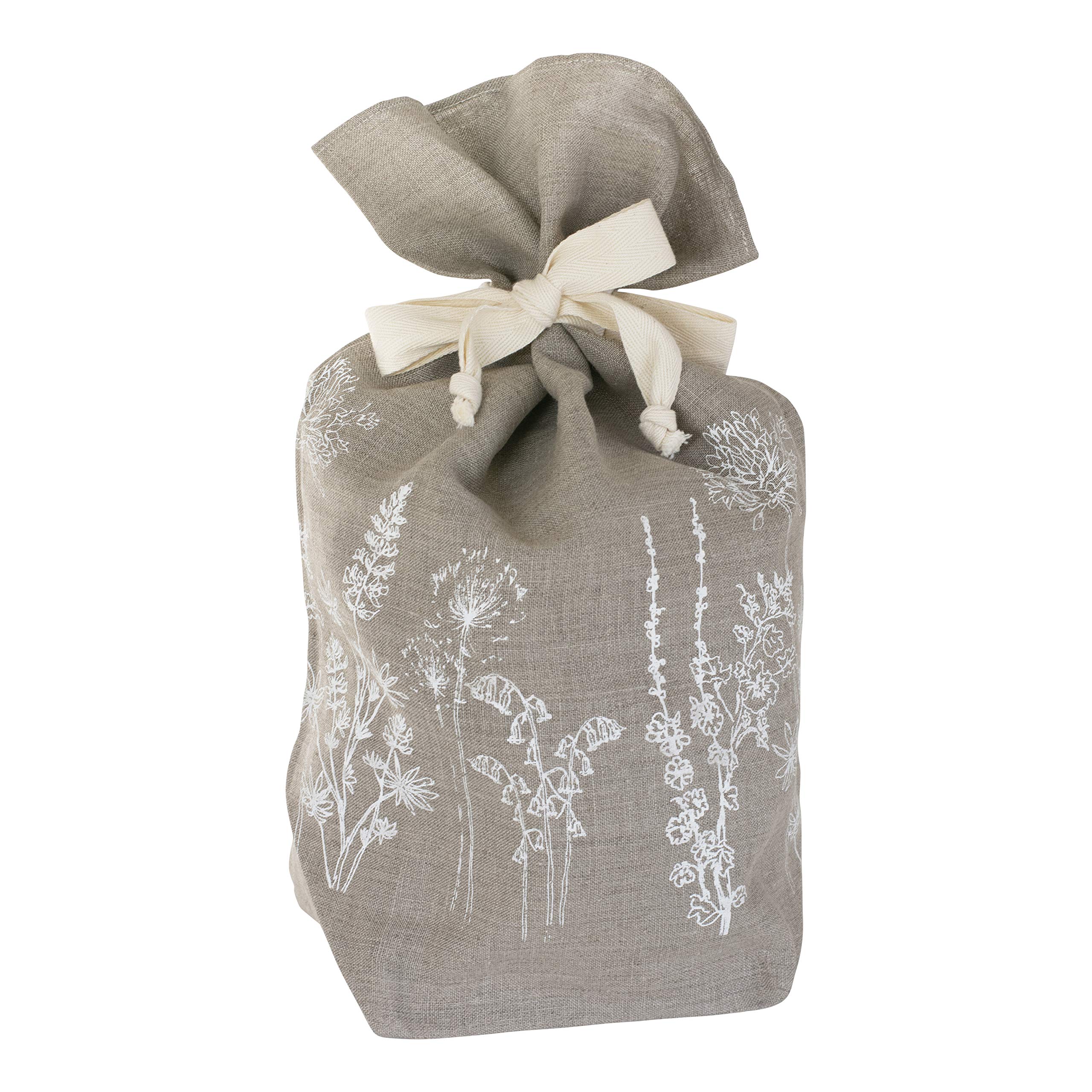 Helen Round Plastic Free, Reusable Natural Linen Bread Bag With Hand Printed Floral Design. Perfect for sourdough, home baked bread and pastries. Made in Cornwall, UK Size 42x28x12cm