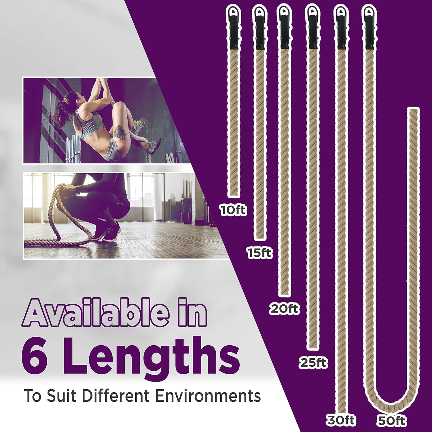 Logest Climbing Rope - Indoor and Outdoor Workout Rope Perfect for Homes Gym Obstacle Courses Crossfit Rope for Strength and Fitness Training 1.5” Diameter 6 Lengths Available: 10 15 20 25 30 50 Feet : Sports & Outdoors