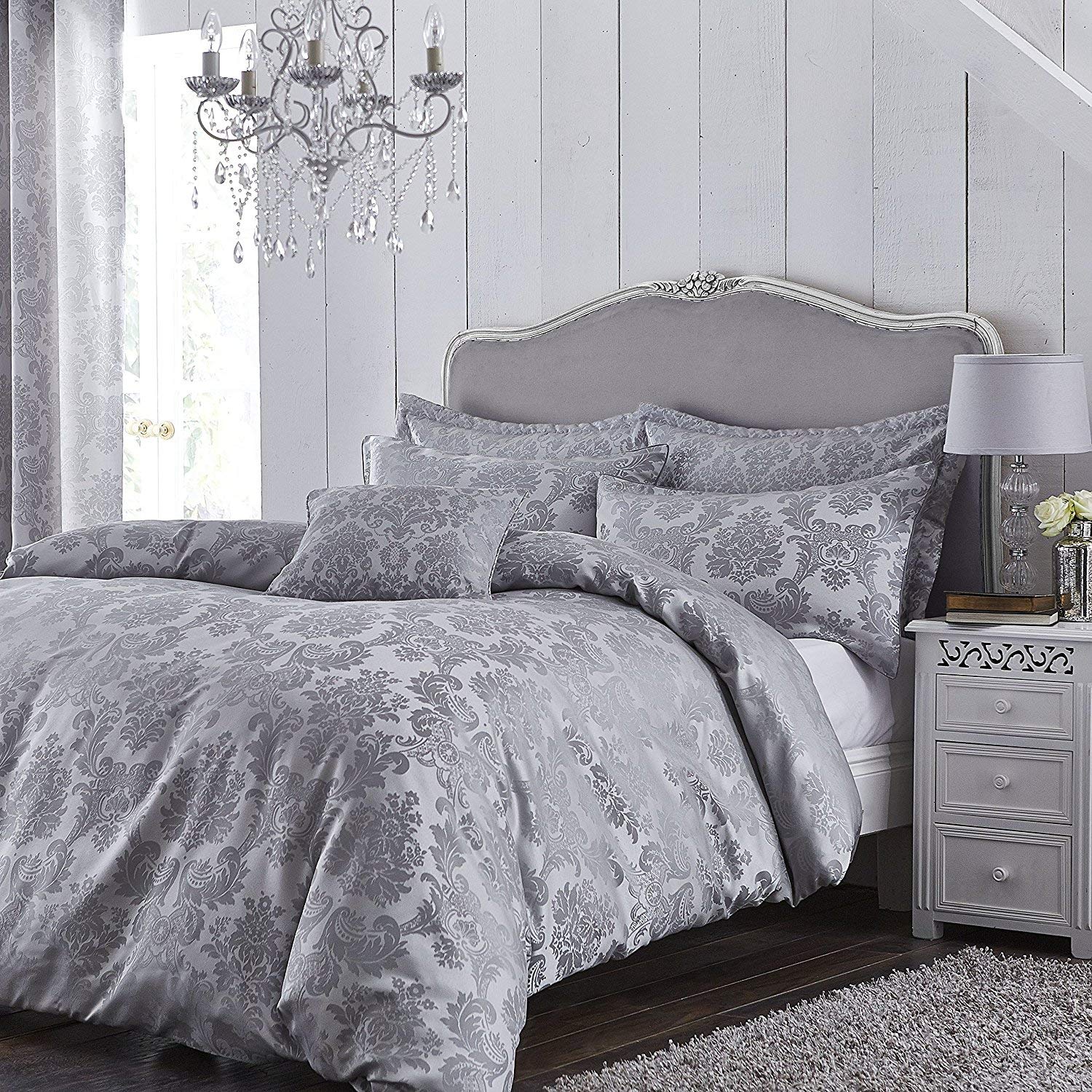 Catherine Lansfield Damask Jacquard Double Duvet Cover Set with Pillowcases Silver Grey