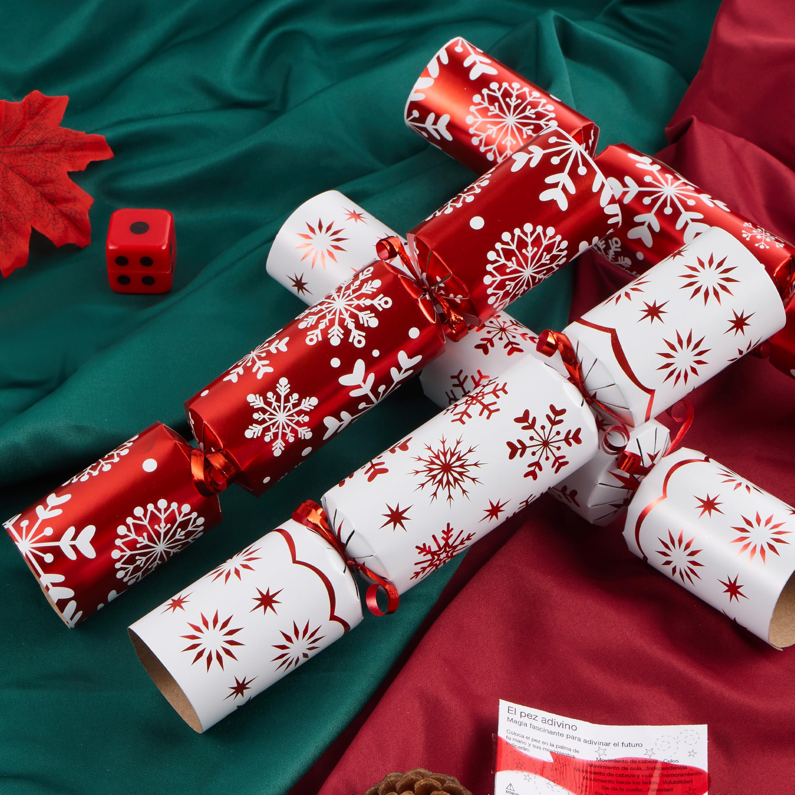 JOYIN 10 Pack Christmas No Snap Party Table Favor with Red & White Snowflake Design, with Party Hat, Joke & Little Gift Inside, for Xmas Gift, Christmas Seasonal Holiday Dinner Traditions