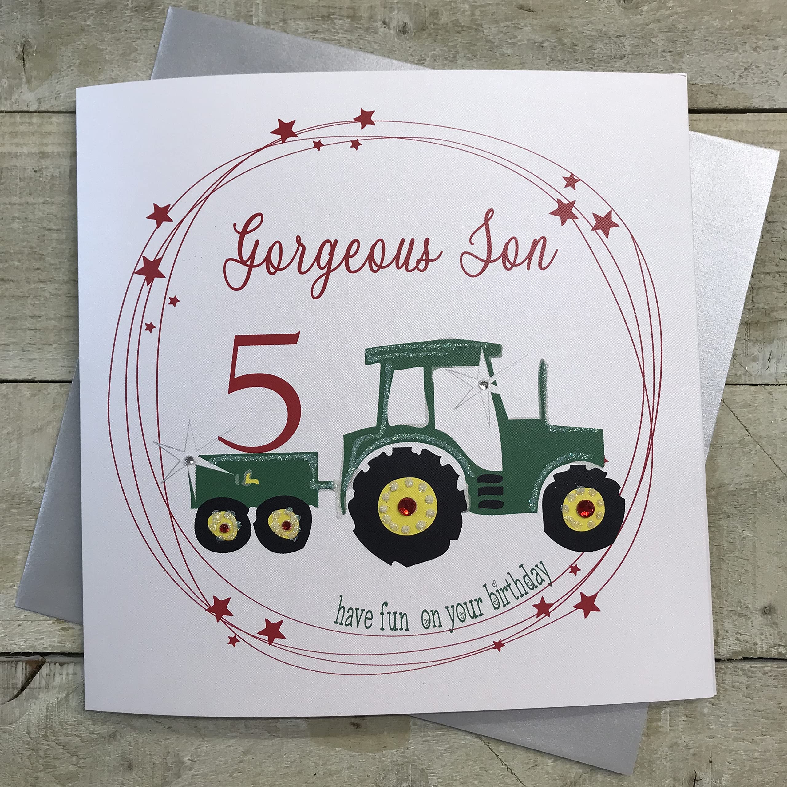 WHITE COTTON CARDS Large Tractor Gorgeous Son 5 Have Fun Handmade 5th Birthday Card, XNS2-5