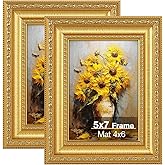 Splinterix 5x7 Gold Picture Frames Set of 2, Ornate Vintage 5 x 7 Photo Frames for Wall Decor or Tabletop Display,5 x 7 Gold Frame with Real Glass, Display 4x6 Pictures with Mat or 5x7 without Mat for Antique Déco