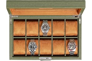 ROTHWELL 10 Slot Leather Watch Box - Luxury Case Display Jewelry Organizer - Locking Watch Display Case Holder with Large Glass Top - Box Organizer for Men and Women (Green/Tan)