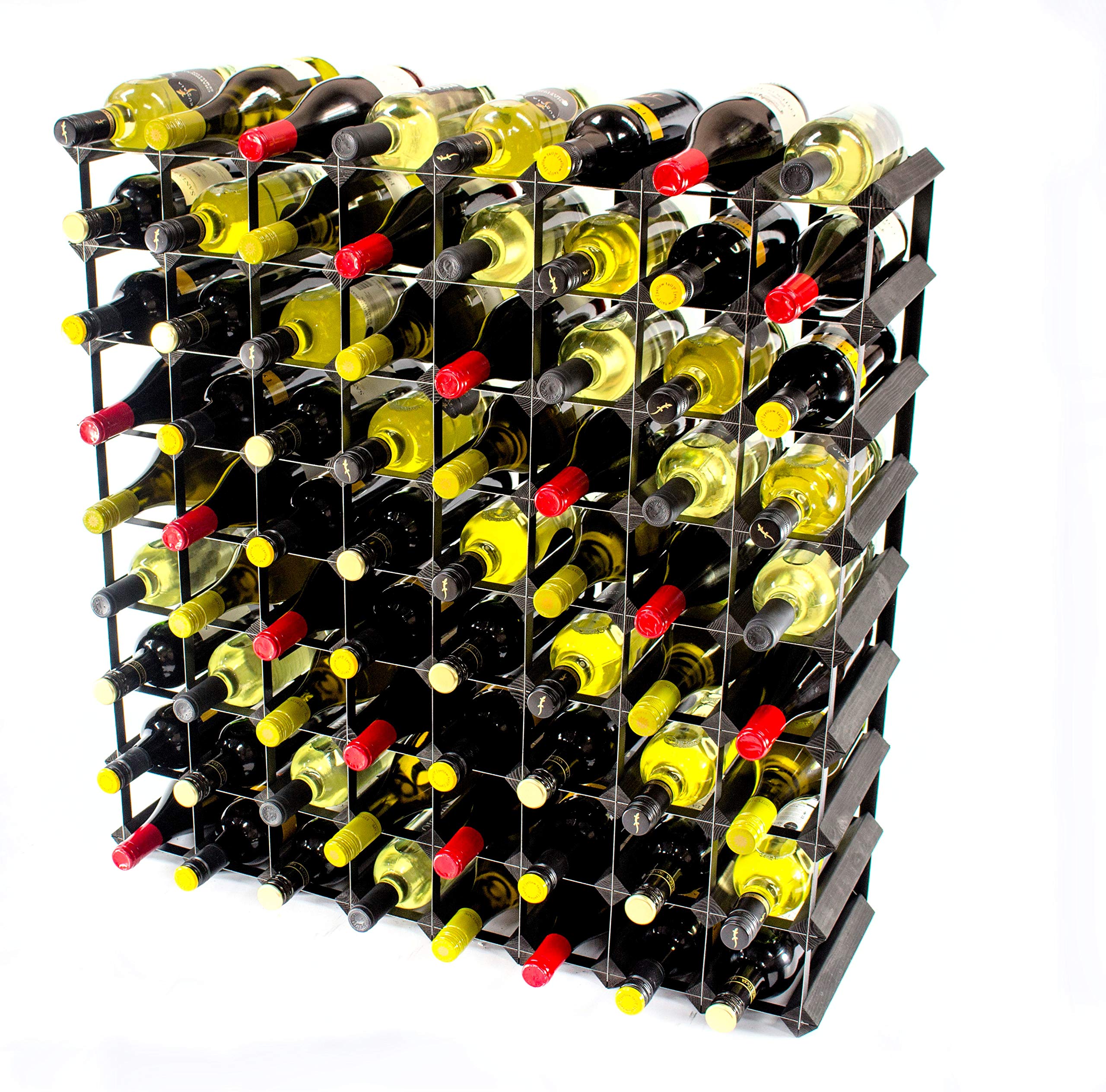 Classic 72 Bottle Black Stained Wood and Black Metal Wine Rack Ready Assembled