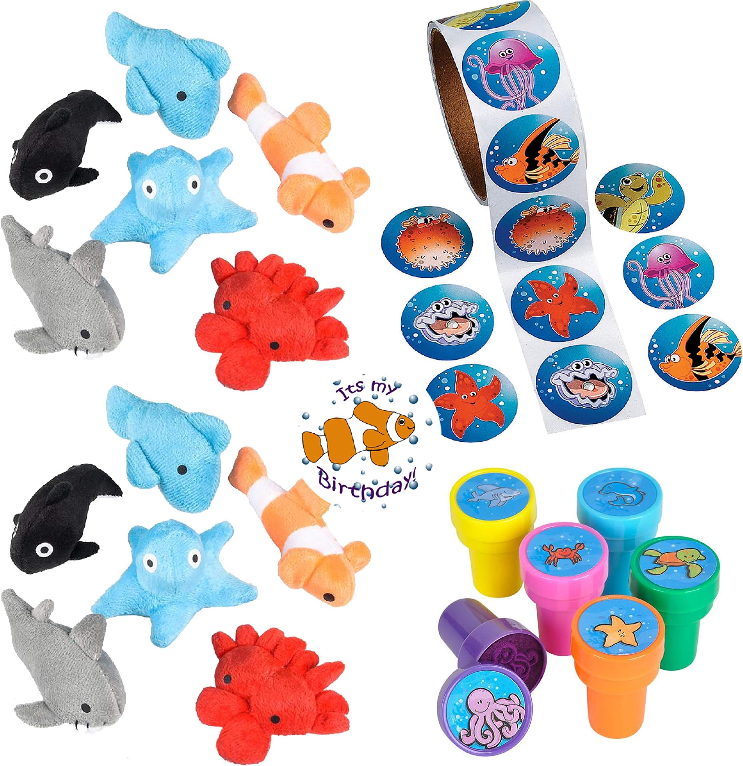 Sea Animal Party Favors 24 - Plush Mini Ocean Animals (24), Sea Creature Stampers (24), Ocean/Fish Stickers (Roll 100) a Birthday Sticker (Total 149 Pieces)