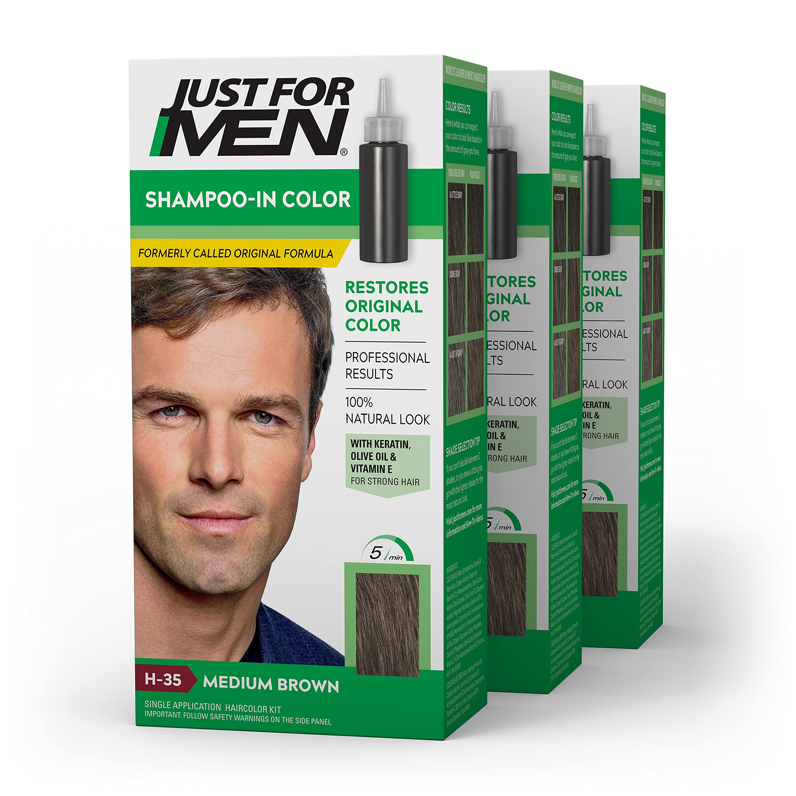 Just For Men Shampoo-In Color (Formerly Original Formula), Mens Hair Color with Keratin and Vitamin E for Stronger Hair - Medium Brown, H-35, Pack of 3