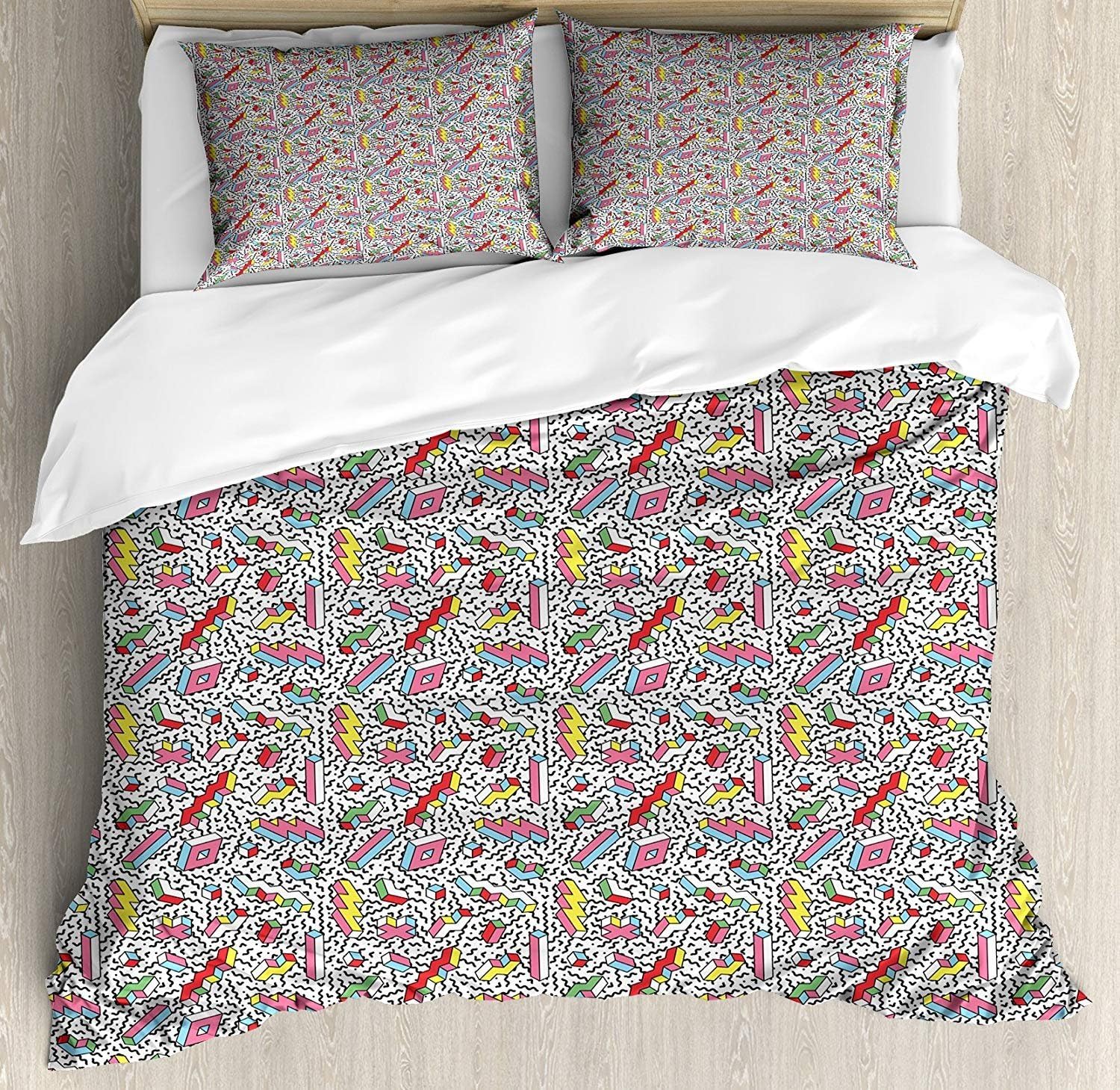 Funky 4 Piece Bedding Set Duvet Cover Set, Memphis Pattern with Mosaic 3D Shapes Eighties and Nineties Style Colorful Design,Bed Sheet for Childrens/Kids/Teens/Adults, Multicolor