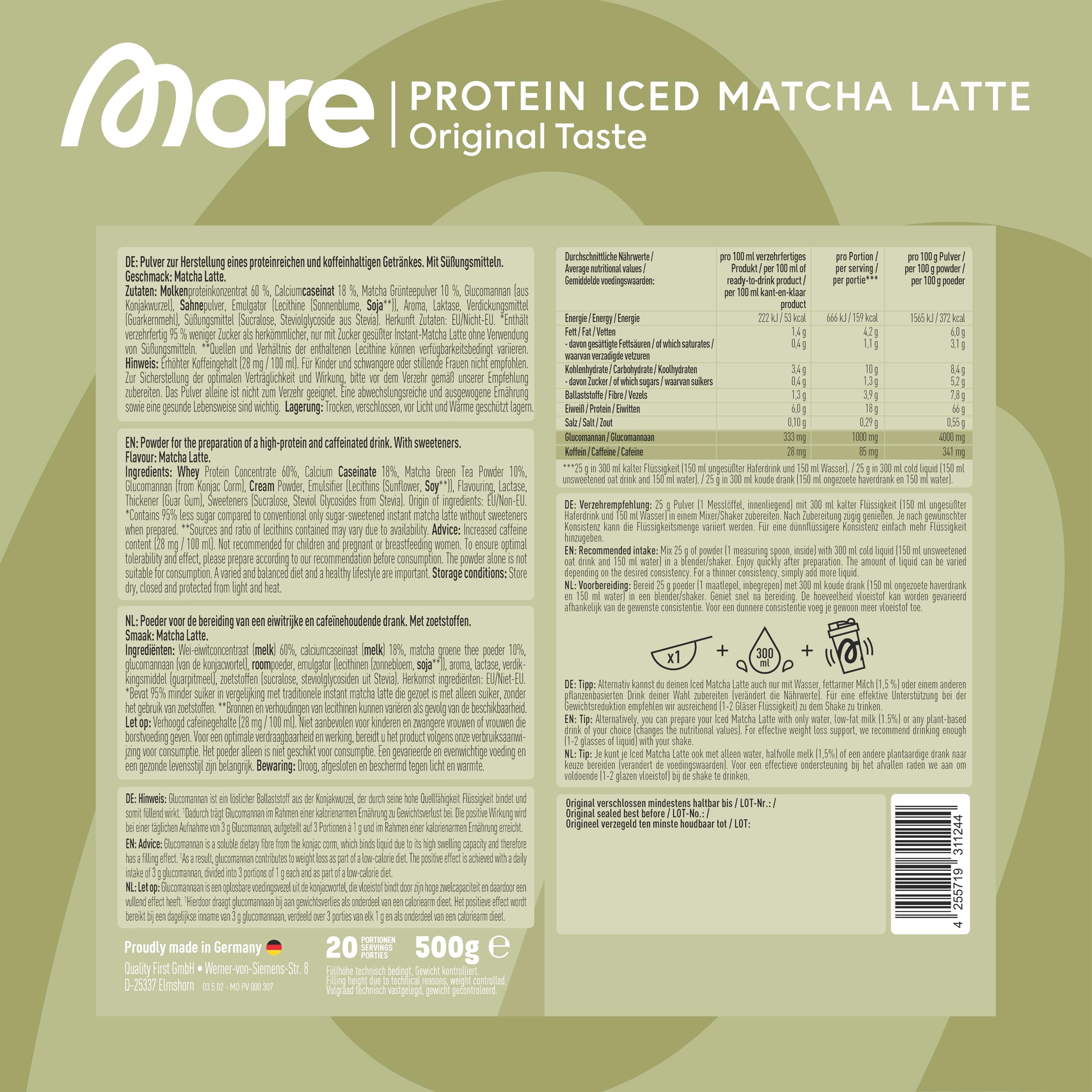 MORE Protein Iced Matcha Latte, 500g, Matcha Grünteepulver mit wertvollen Proteinen, wenig Zucker und Fett - made in Germany 4