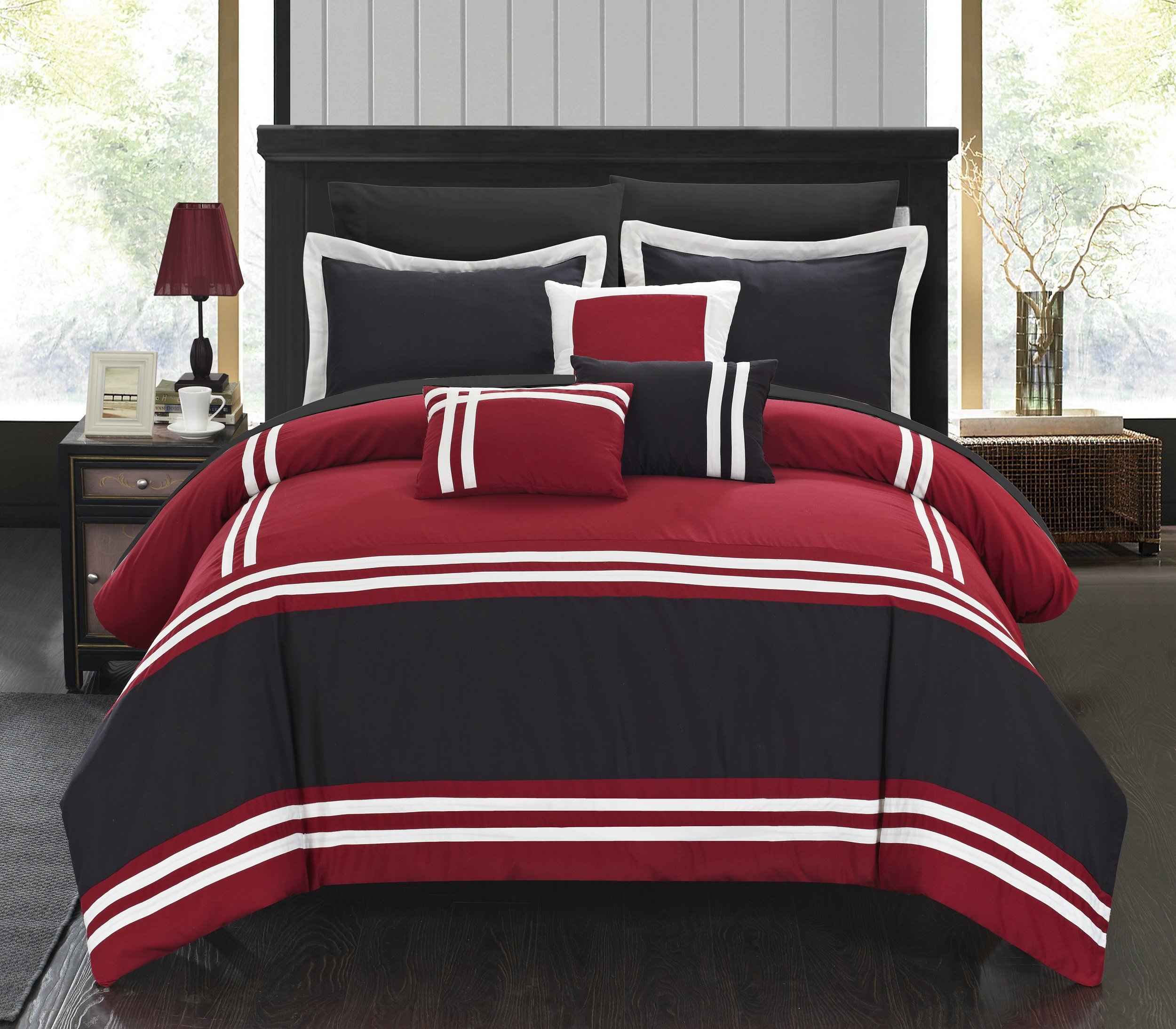Chic Home Zarah Comforter in a Bag, Color Block Banding Bedding, Queen Red