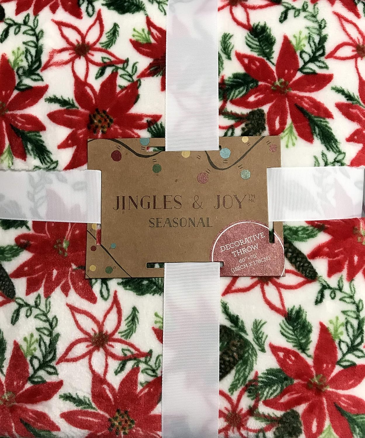 Jingles & Joy Festive Holiday Fleece Throw Blanket in Christmas Colors: Red, Green and White - 60 x 70 inches (Poinsettias with Pine Needles & Pine Cones)