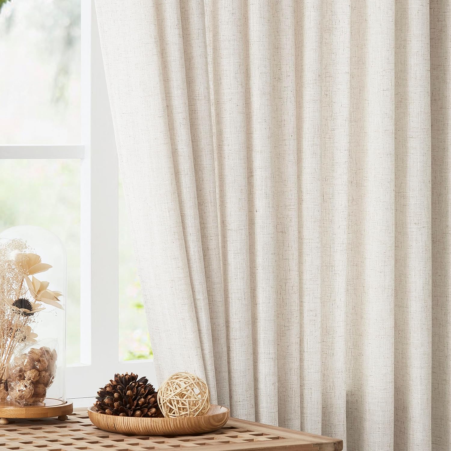 Window Treatments - Vision Home Natural Pinch Pleated Semi Sheer Curtains Textured Linen Blended Light Filtering Window Curtains 95 inch for Living Room Bedroom Pinch Pleat Drapes with Hooks 2 Panels 42