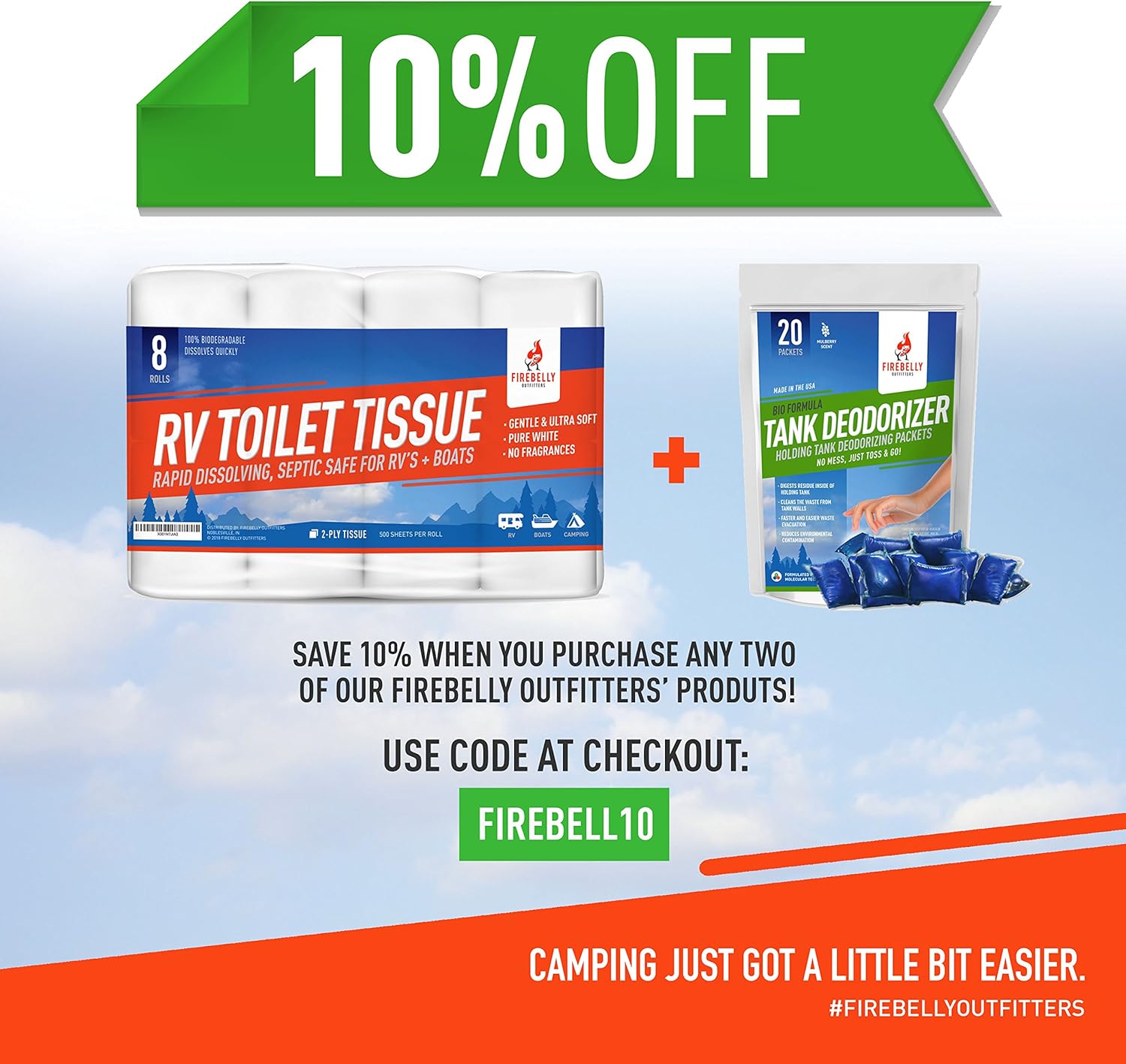 Firebelly Outfitters RV Toilet Paper, Septic Tank Safe - 8 Rolls, 2-Ply 500 Sheets - Fast Dissolve Bath Tissue for Camping, Marine, RV Holding Tanks, Reduces Camper Sewer System Clogs, Biodegradable: Sports & Outdoors