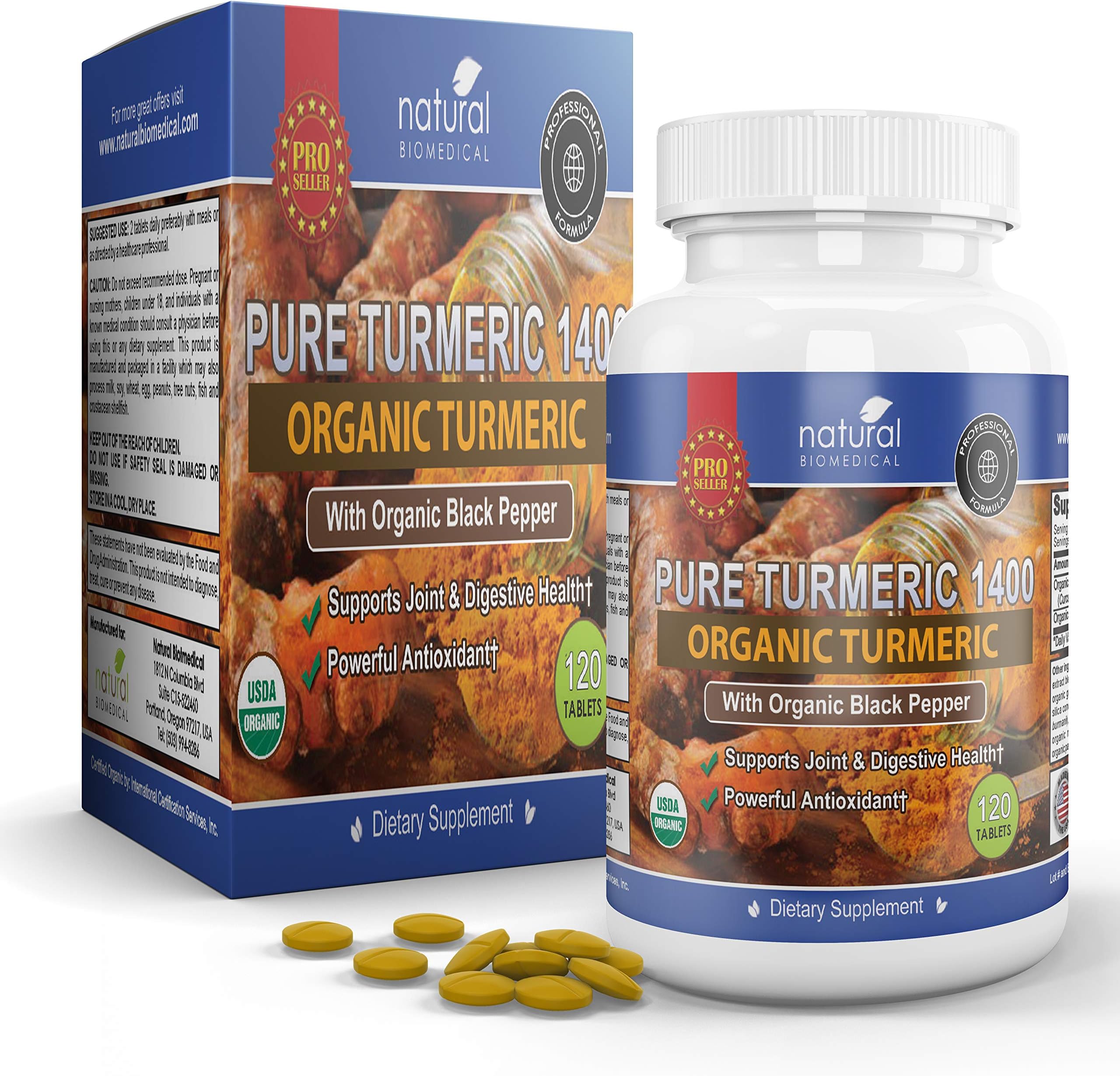 Organic TUMERIC Curcumin Supplement with Black Pepper 120 Tablets (Not Capsules) for Women and Men Adults