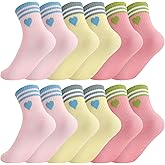 Jspupifip Kids Girls Crew Athletic Socks with Retro Stripes Hearts Cartoon Patterns for Running Sport Outdoor