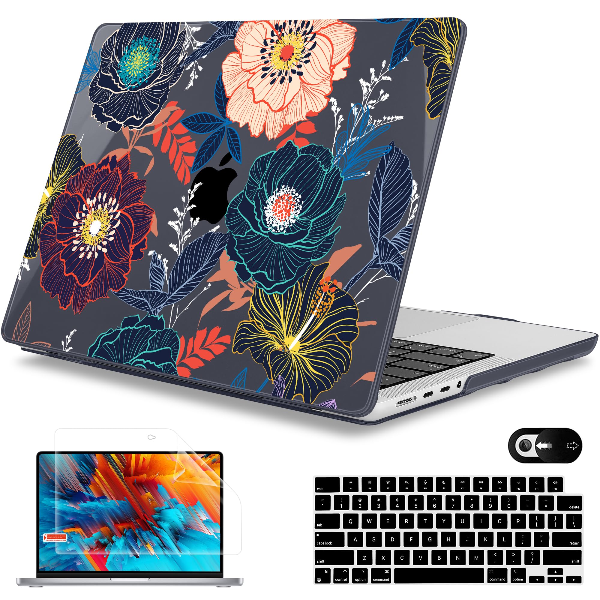 Photo 1 of Mektron Case for MacBook Pro 14 inch 2024 2023 2021 Model M4 A3112 A3401 A3185 M3 A2918 A2992 M2 A2779 M1 A2442 Pro/Max, Plastic Hard Shell Case Cover for MacBook Pro 14" with Touch ID, Dahlia Flowers