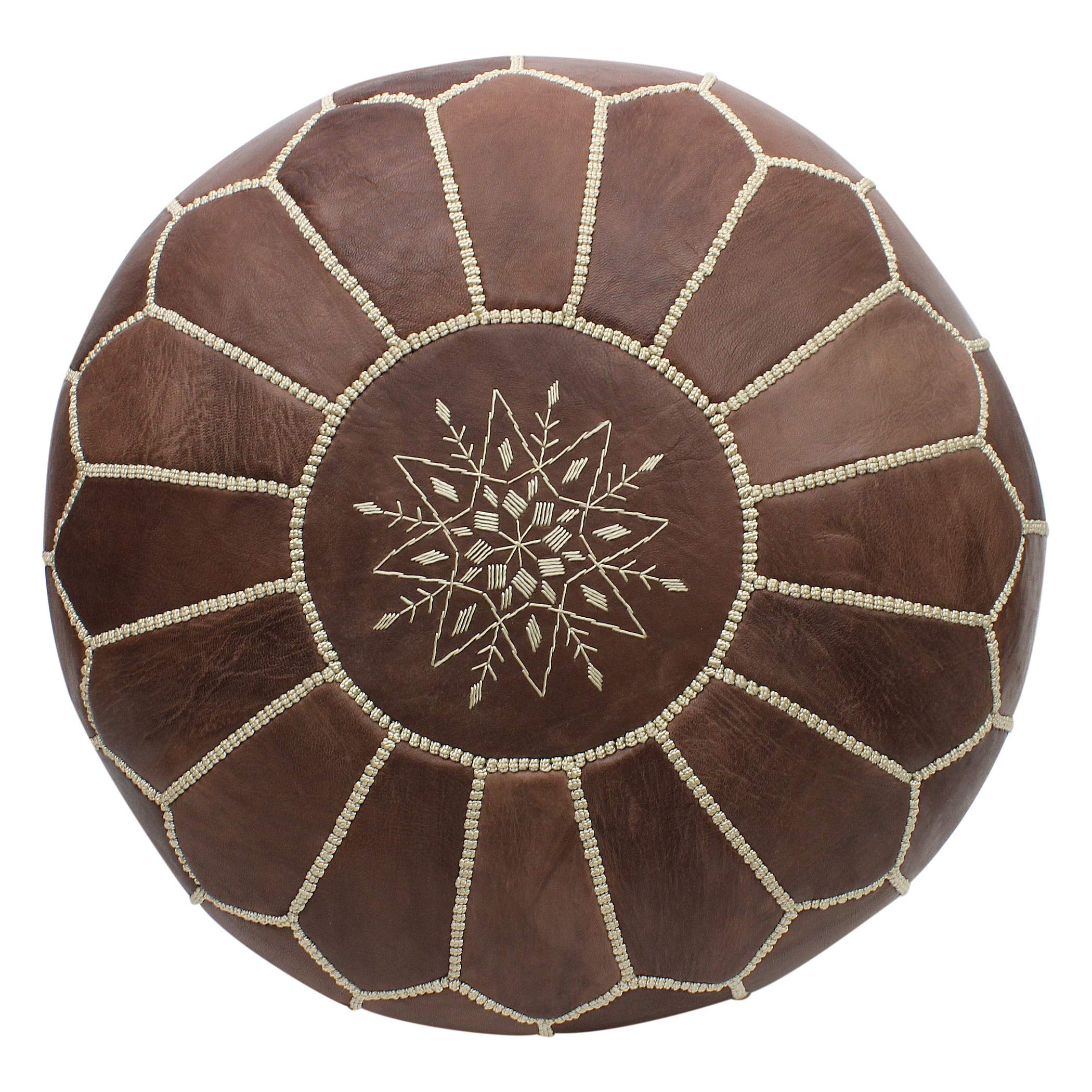 ESSENCE OF MOROCCO Moroccan Pouffe Pouf Footrest Footstool Ottoman Real Leather Brown Tan Handmade Hand-stitched with Embroidered Design (COVER ONLY)