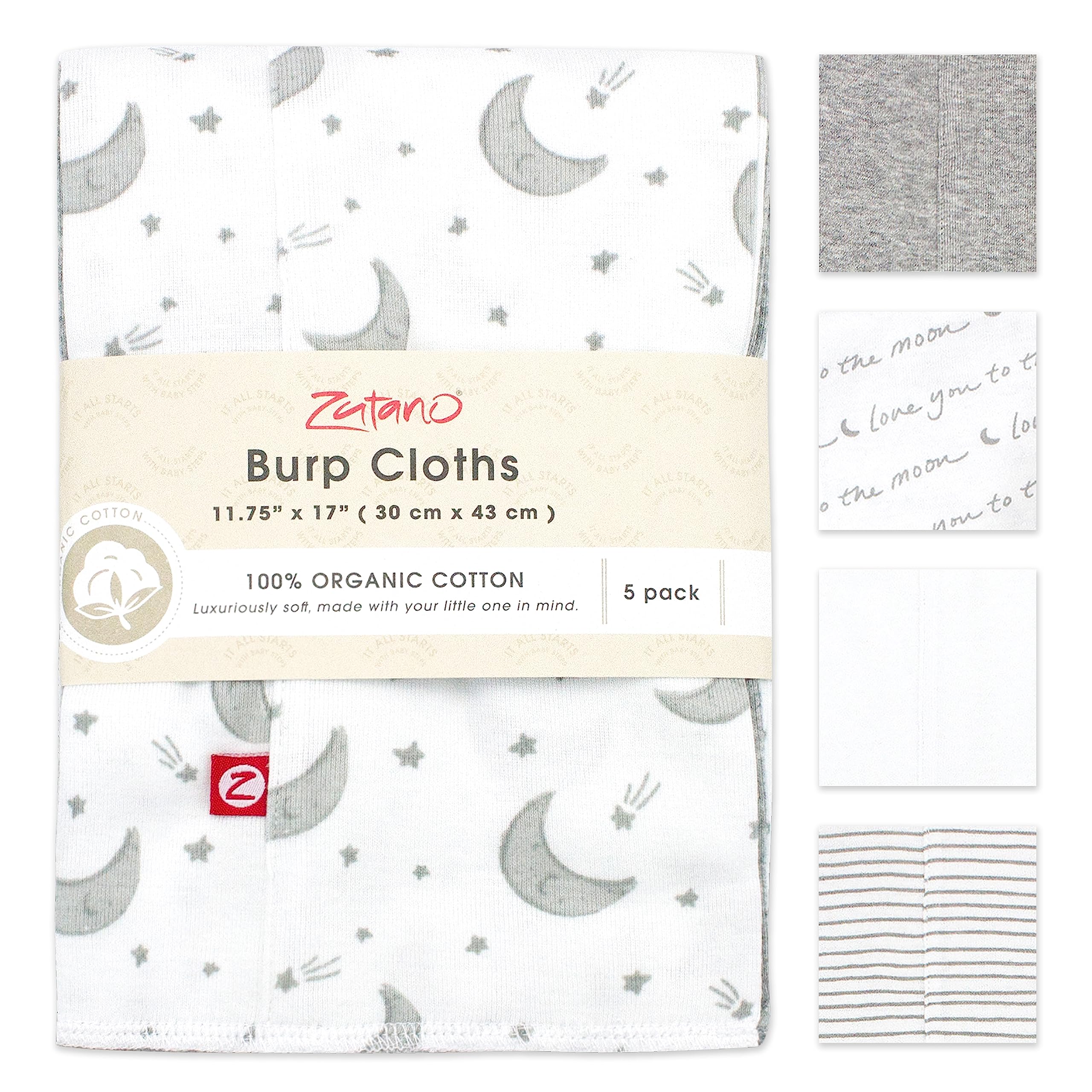 Zutano Zutano 5-Pack Organic Burp Cloths for Baby Girl & Boy, Large Cotton Burping Cloths for Babies | Absorbent Baby Spit-Up Rags | Gender Neutral Burp Clothes | Newborn Essentials, Love You to The Moon