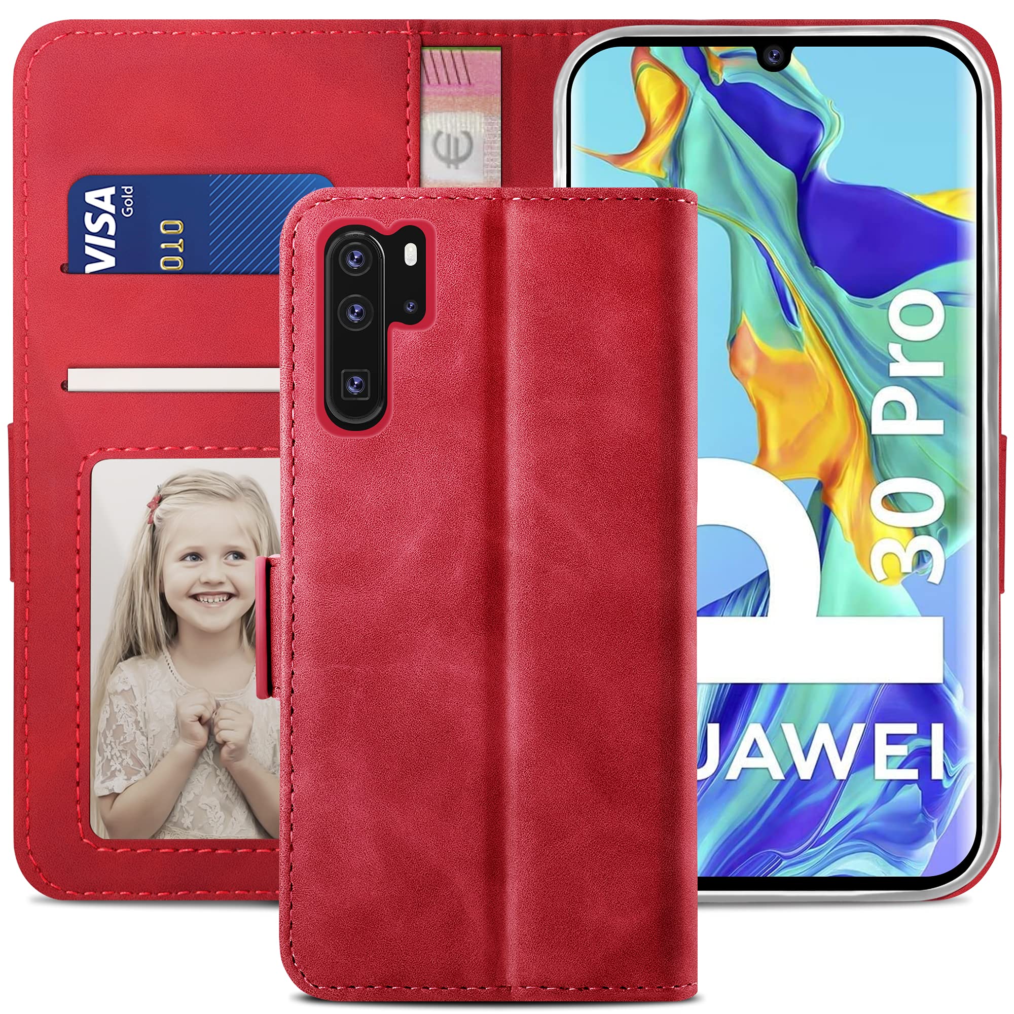 YATWIN Compatible with Huawei P30 Pro Case, Flip Wallet Leather Case with Card Slot and Shockproof Function Kickstand Phone Cases Cover for Huawei P30 Pro - Red