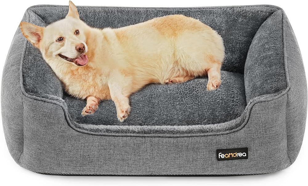 Feandrea Linen-Look Dog Bed Large 90 x 75 cm with Raised Edges Non-Slip Cover